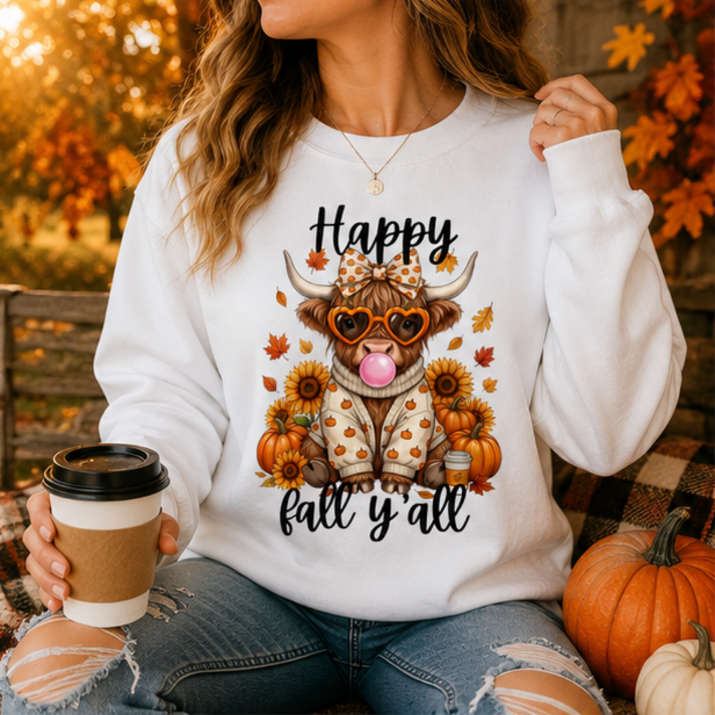 Happy Fall Y'all Highland Cow Sweatshirt | Cute Autumn Cow Crewneck | Cozy Pumpkin Season Sweatshirt