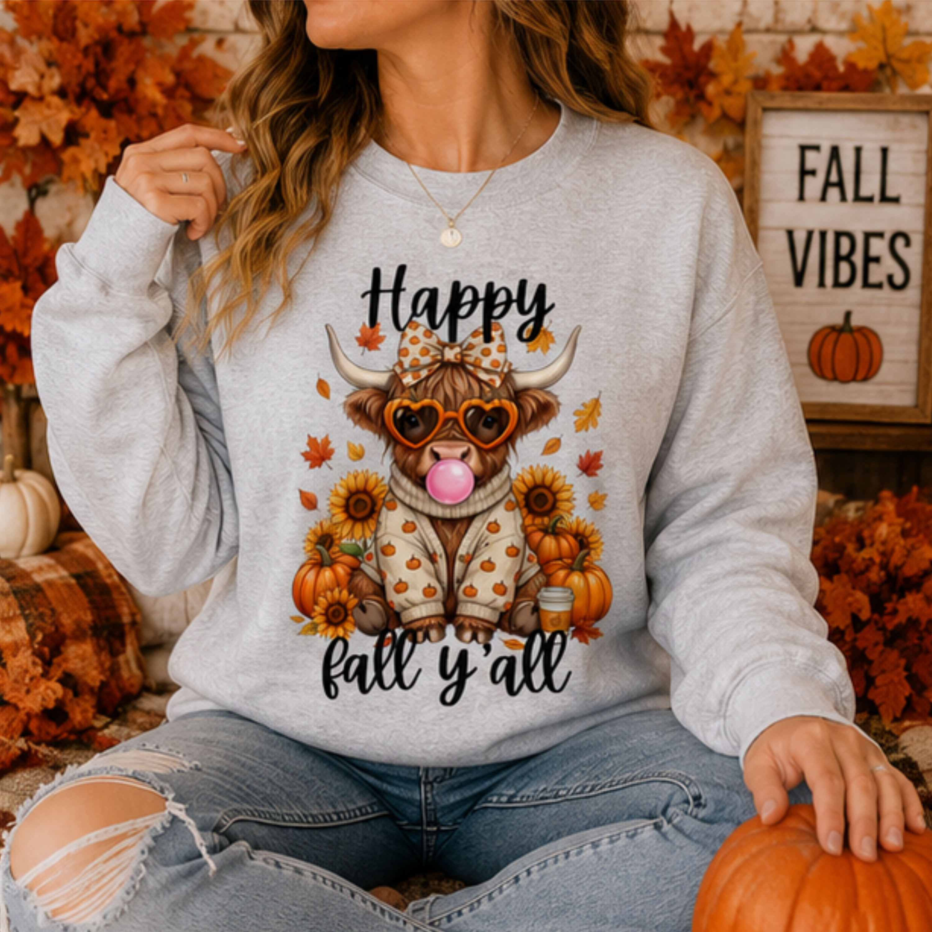 Happy Fall Y'all Highland Cow Sweatshirt | Cute Autumn Cow Crewneck | Cozy Pumpkin Season Sweatshirt