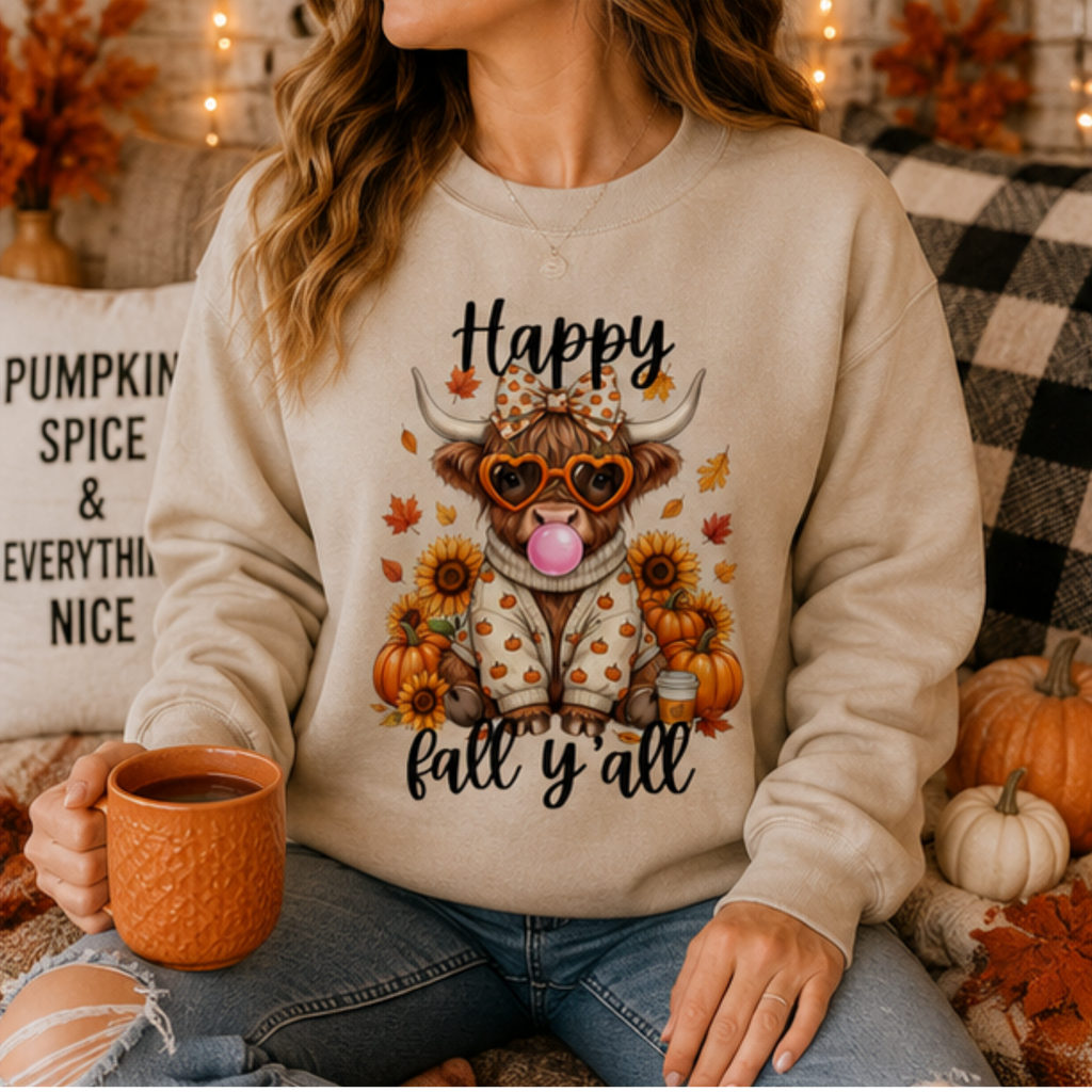 Happy Fall Y'all Highland Cow Sweatshirt | Cute Autumn Cow Crewneck | Cozy Pumpkin Season Sweatshirt