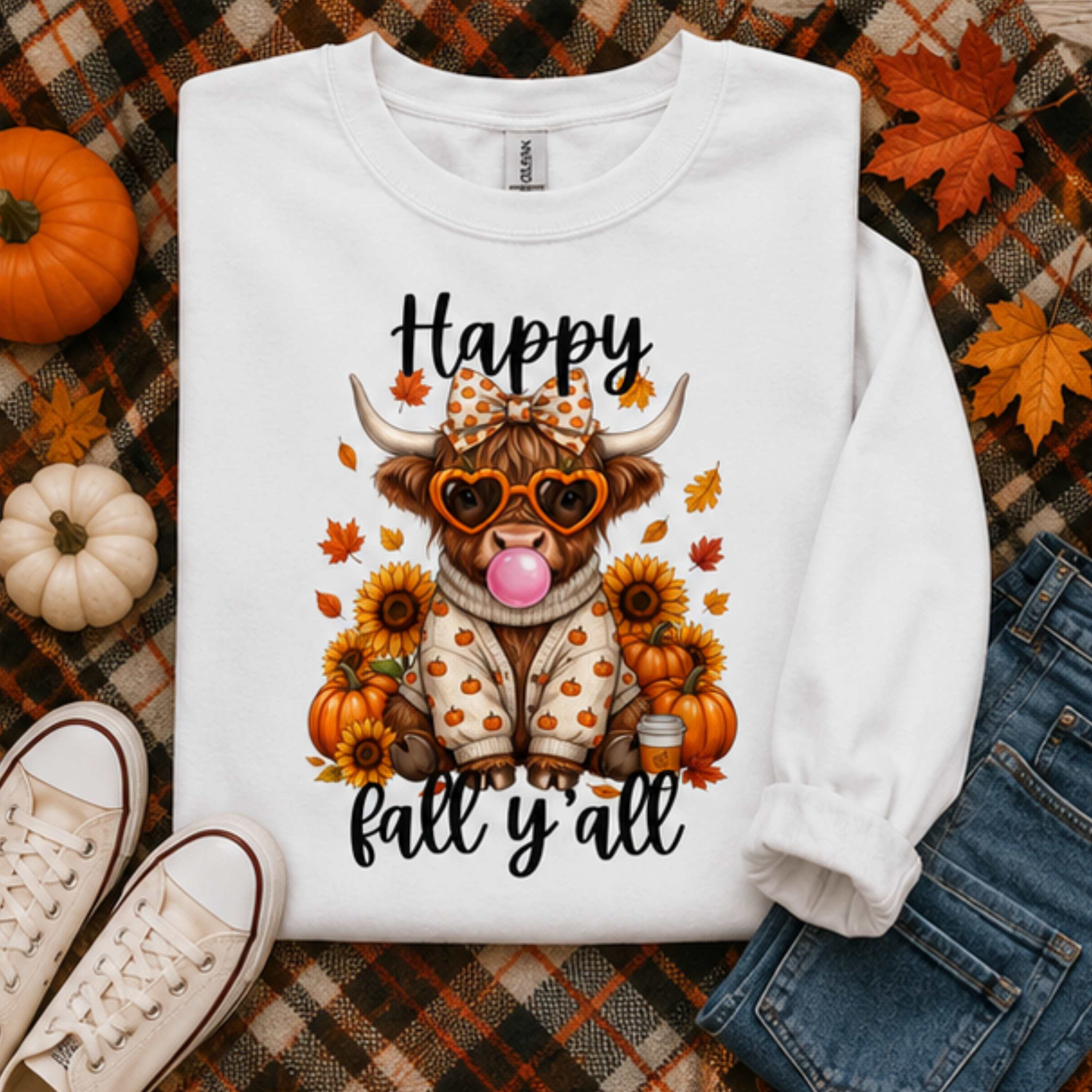 Happy Fall Y'all Highland Cow Sweatshirt | Cute Autumn Cow Crewneck | Cozy Pumpkin Season Sweatshirt