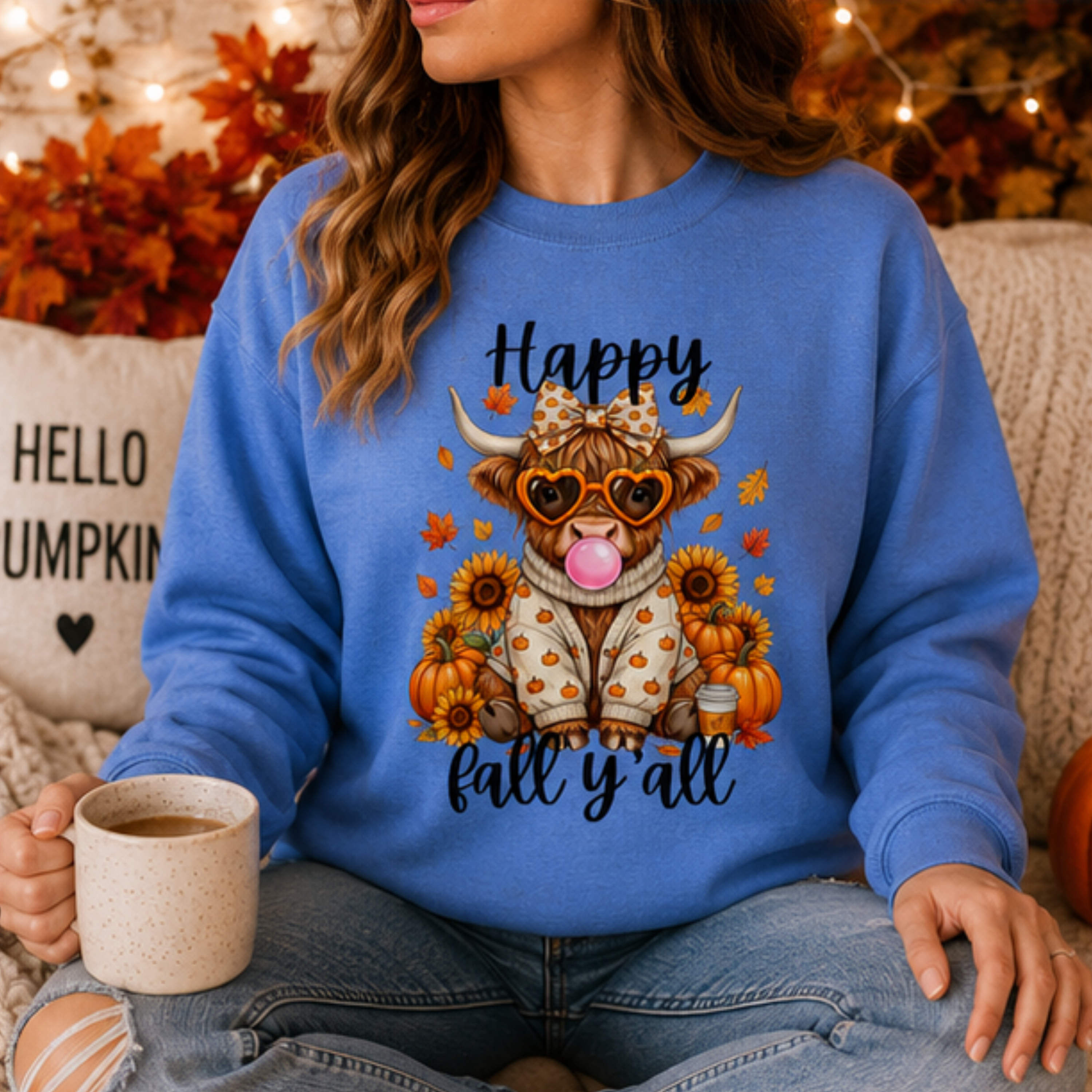Happy Fall Y'all Highland Cow Sweatshirt | Cute Autumn Cow Crewneck | Cozy Pumpkin Season Sweatshirt