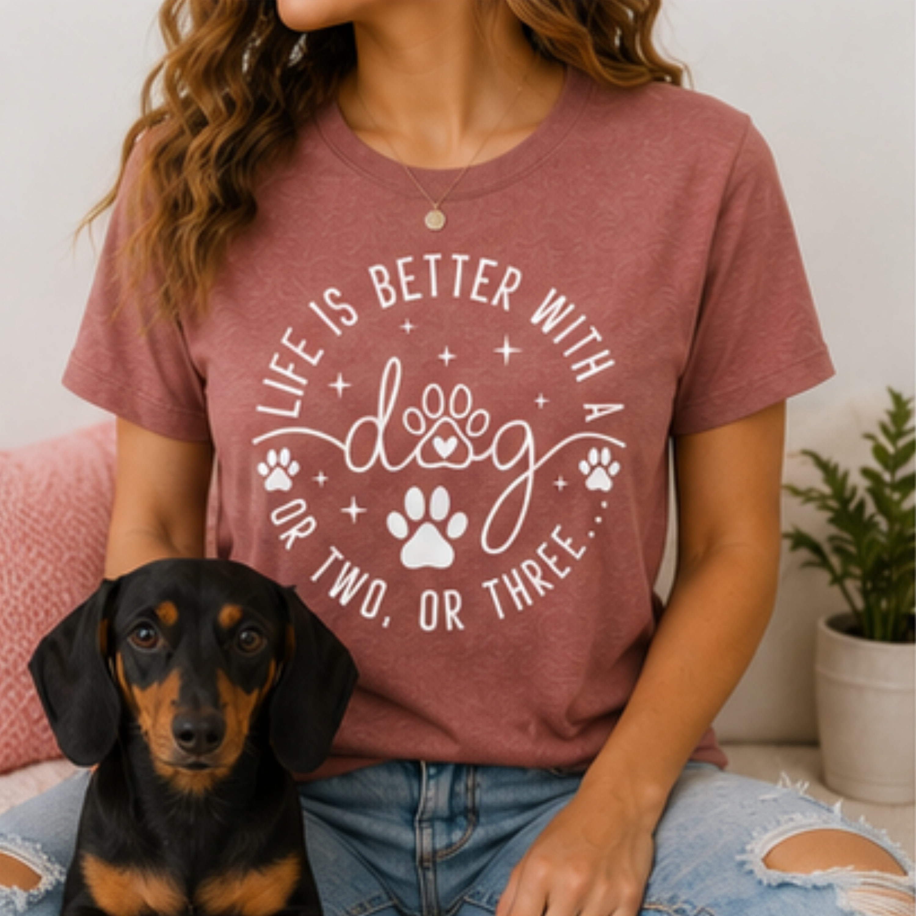 Life Is Better With a Dog Women's Graphic T-Shirt | Funny Dog Mom Tee | Cute Dog Lover Shirt