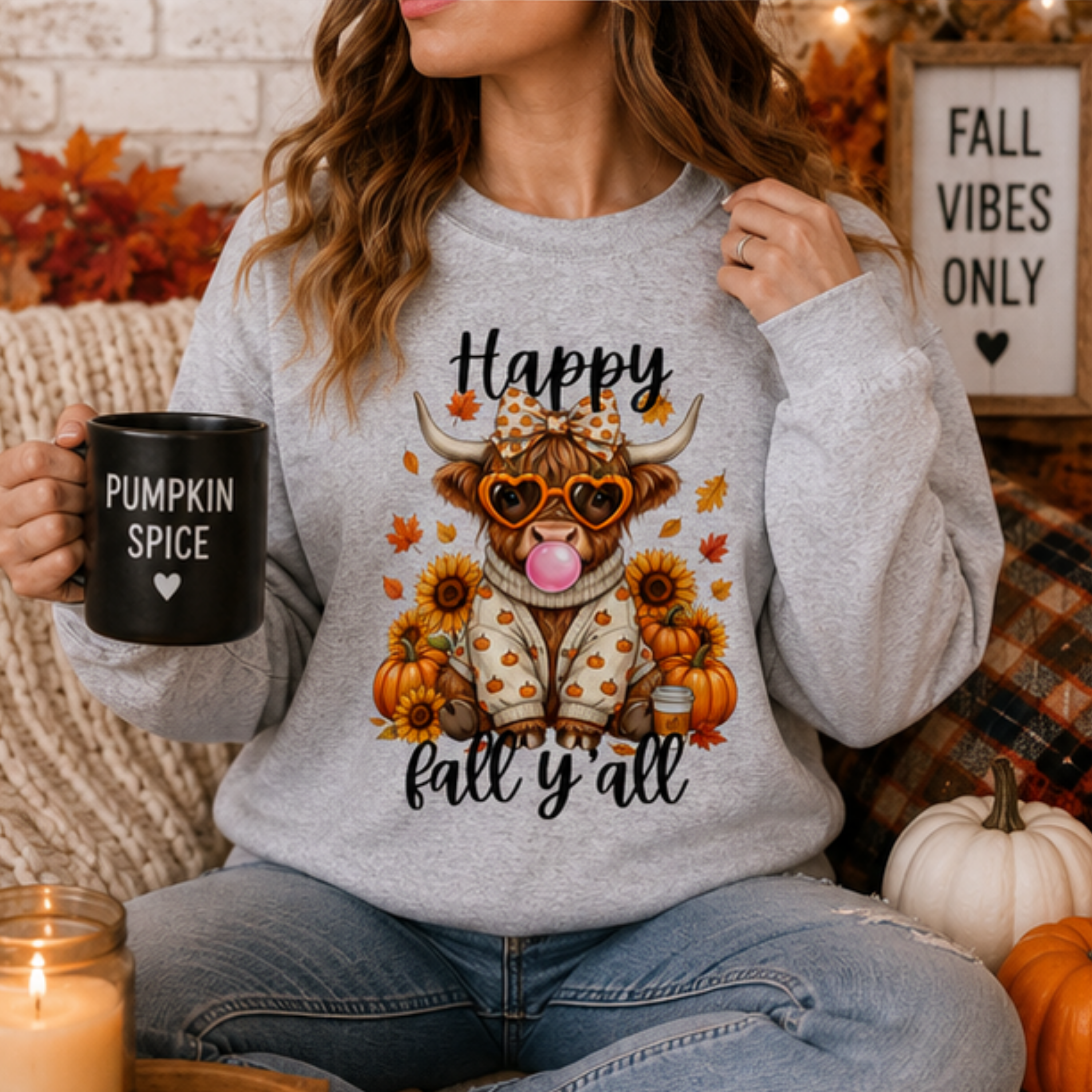Happy Fall Y'all Highland Cow Sweatshirt | Cute Autumn Cow Crewneck | Cozy Pumpkin Season Sweatshirt