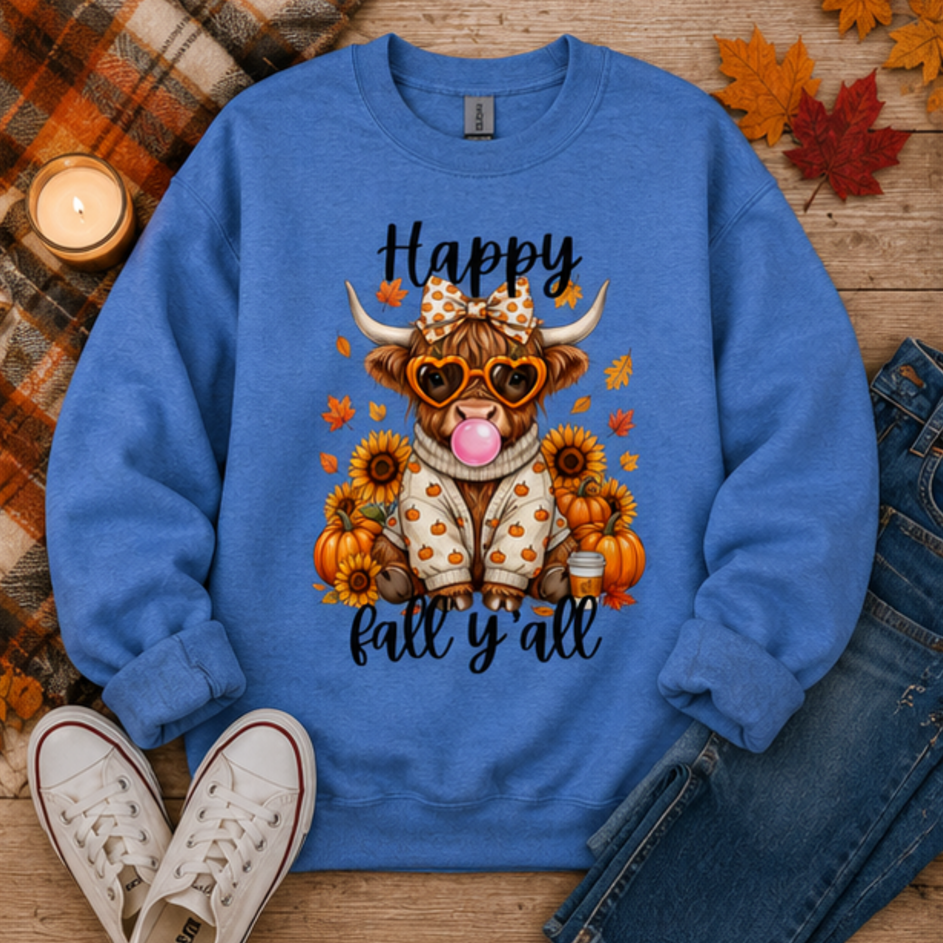 Happy Fall Y'all Highland Cow Sweatshirt | Cute Autumn Cow Crewneck | Cozy Pumpkin Season Sweatshirt