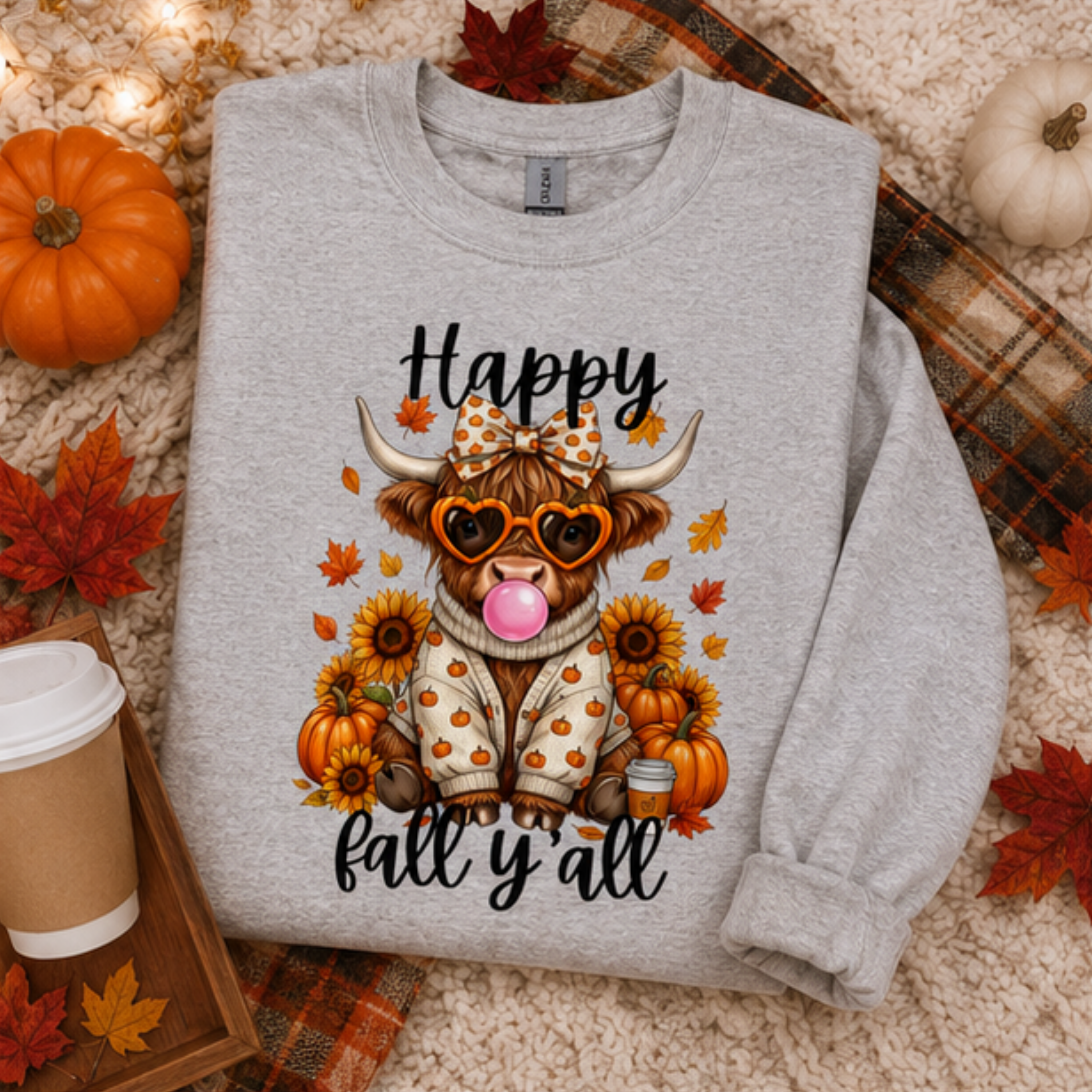 Happy Fall Y'all Highland Cow Sweatshirt | Cute Autumn Cow Crewneck | Cozy Pumpkin Season Sweatshirt