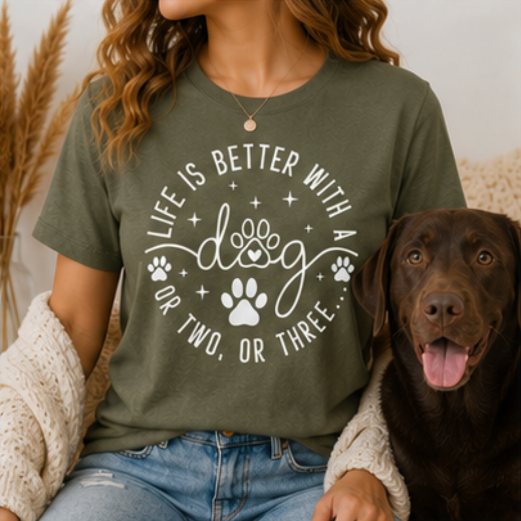 Life Is Better With a Dog Women's Graphic T-Shirt | Funny Dog Mom Tee | Cute Dog Lover Shirt