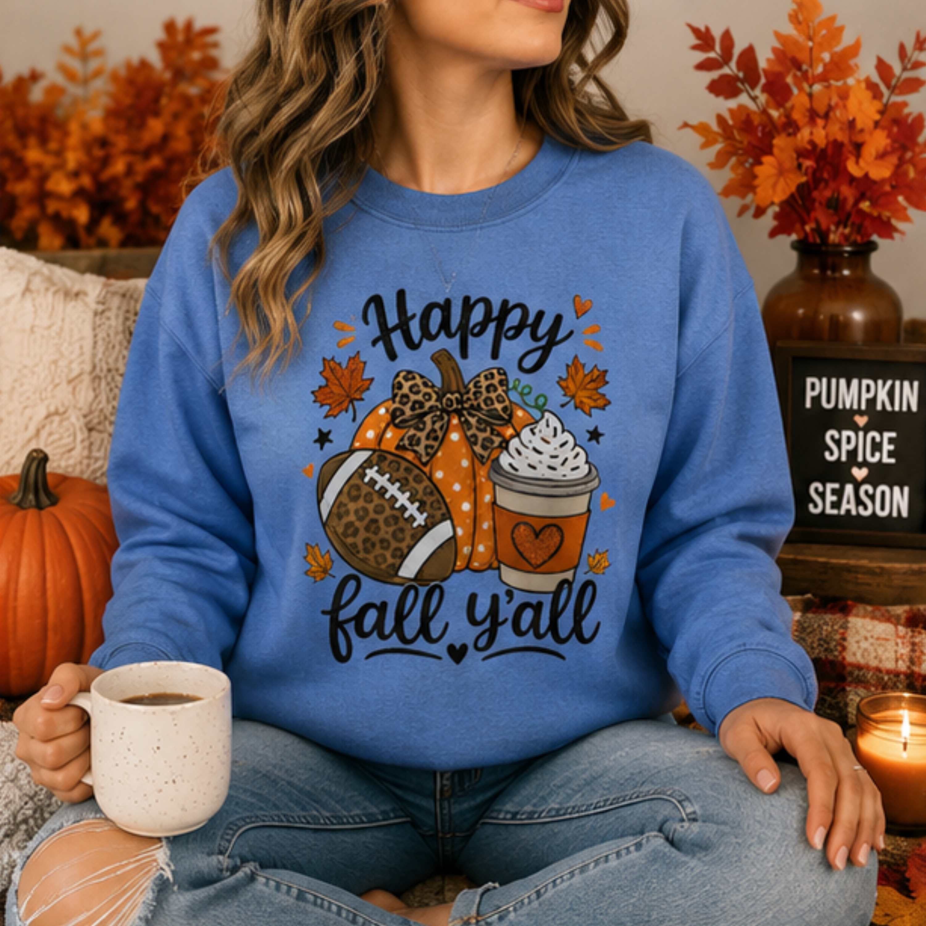 Happy Fall Y'all Football Pumpkin Crewneck Sweatshirt | Cozy Women's Autumn Sweatshirt