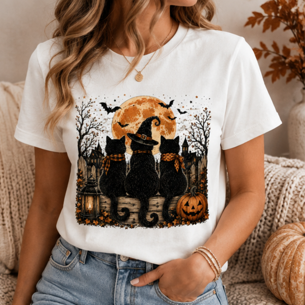 Women's Black Cat Halloween T-Shirt | Spooky Moon & Pumpkin Graphic Fall Tee