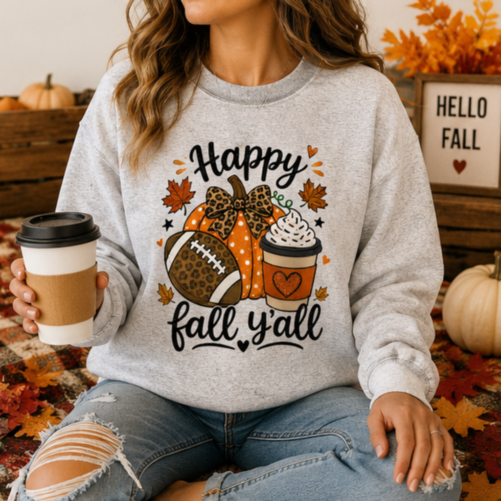 Happy Fall Y'all Football Pumpkin Crewneck Sweatshirt | Cozy Women's Autumn Sweatshirt