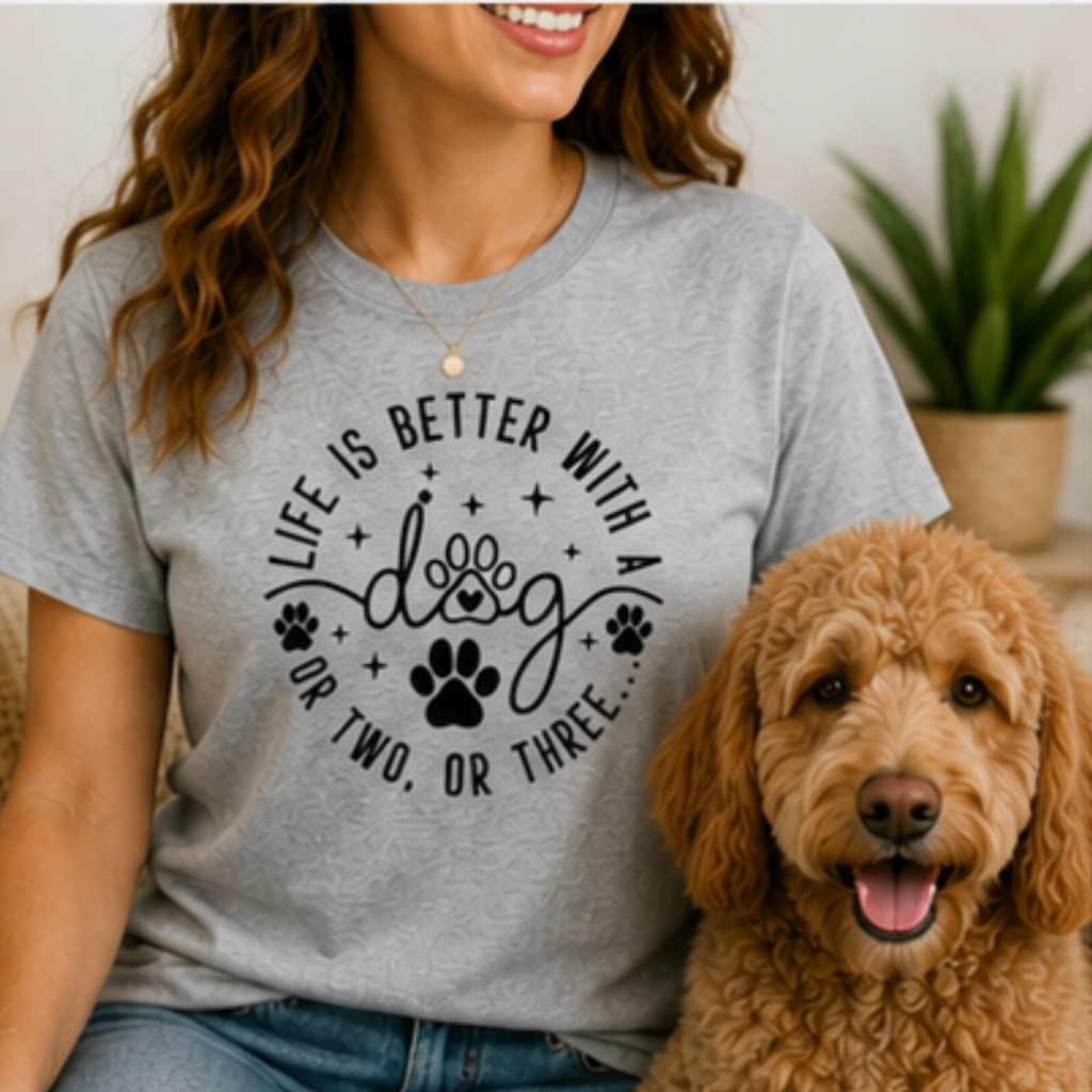 Life Is Better With a Dog Women's Graphic T-Shirt | Funny Dog Mom Shirt | Cute Dog Lover Tee | Puppy Lover Gift