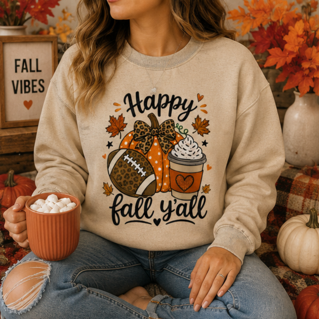 Happy Fall Y'all Football Pumpkin Crewneck Sweatshirt | Cozy Women's Autumn Sweatshirt