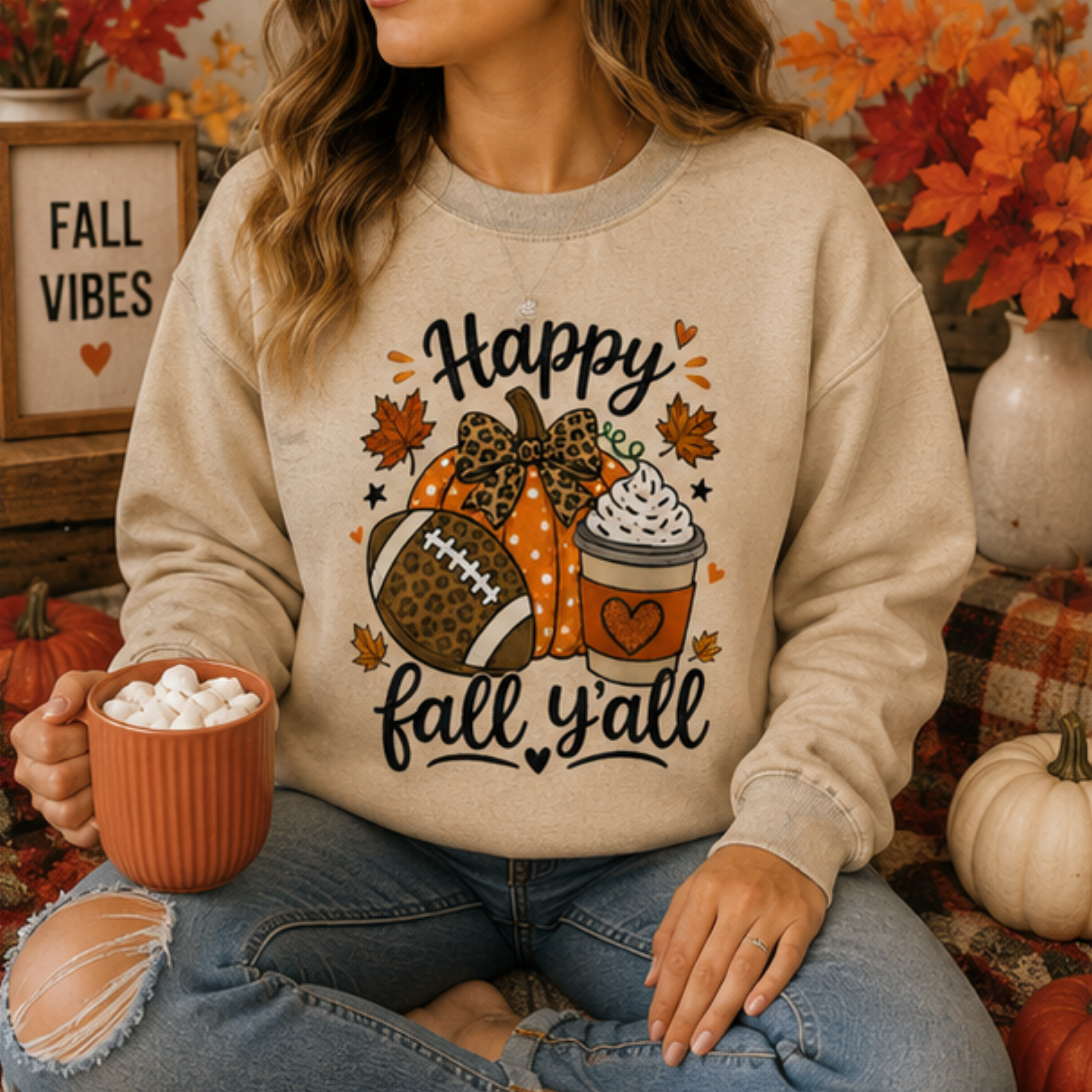 Happy Fall Y'all Football Pumpkin Crewneck Sweatshirt | Cozy Women's Autumn Sweatshirt