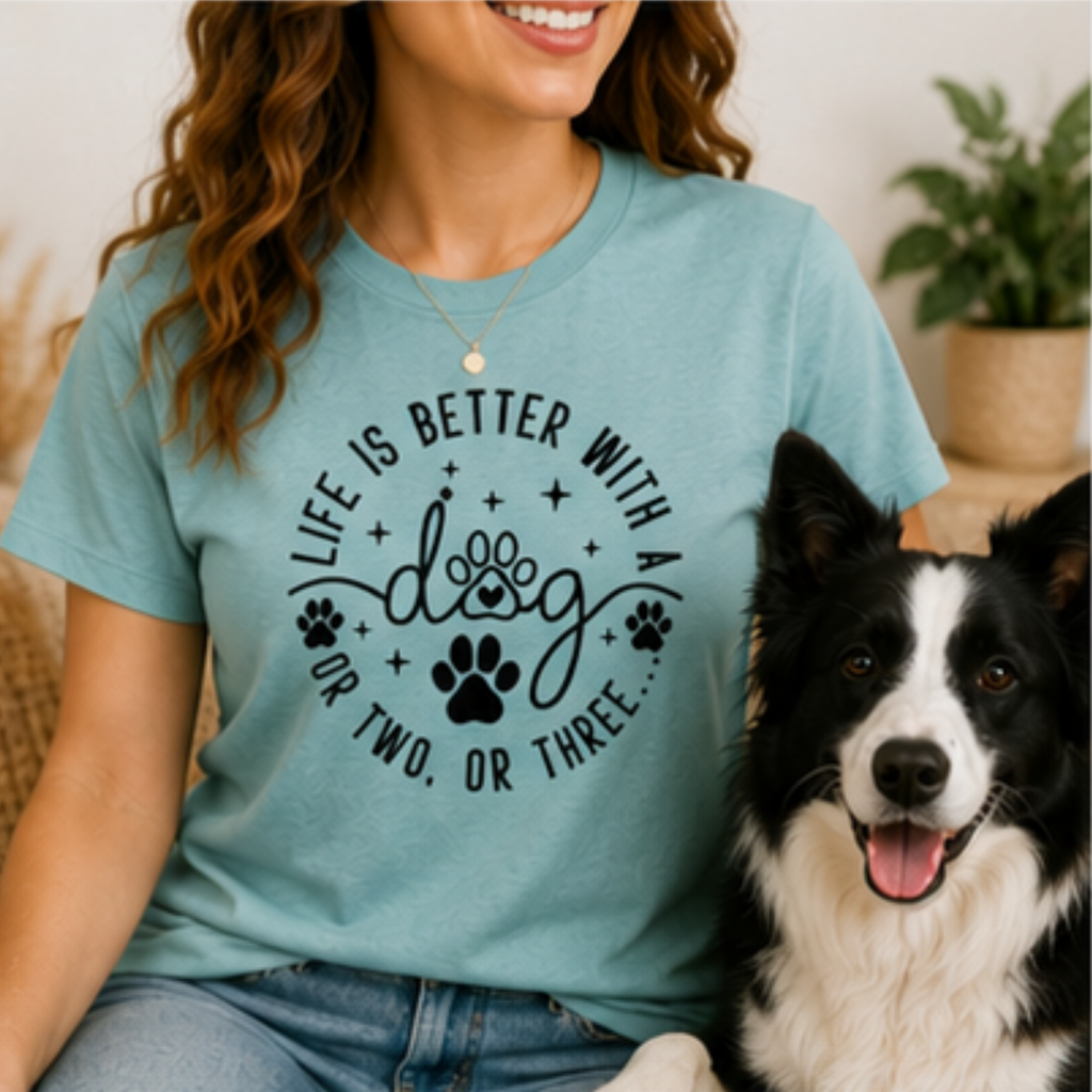 Life Is Better With a Dog Women's Graphic T-Shirt | Funny Dog Mom Shirt | Cute Dog Lover Tee | Puppy Lover Gift