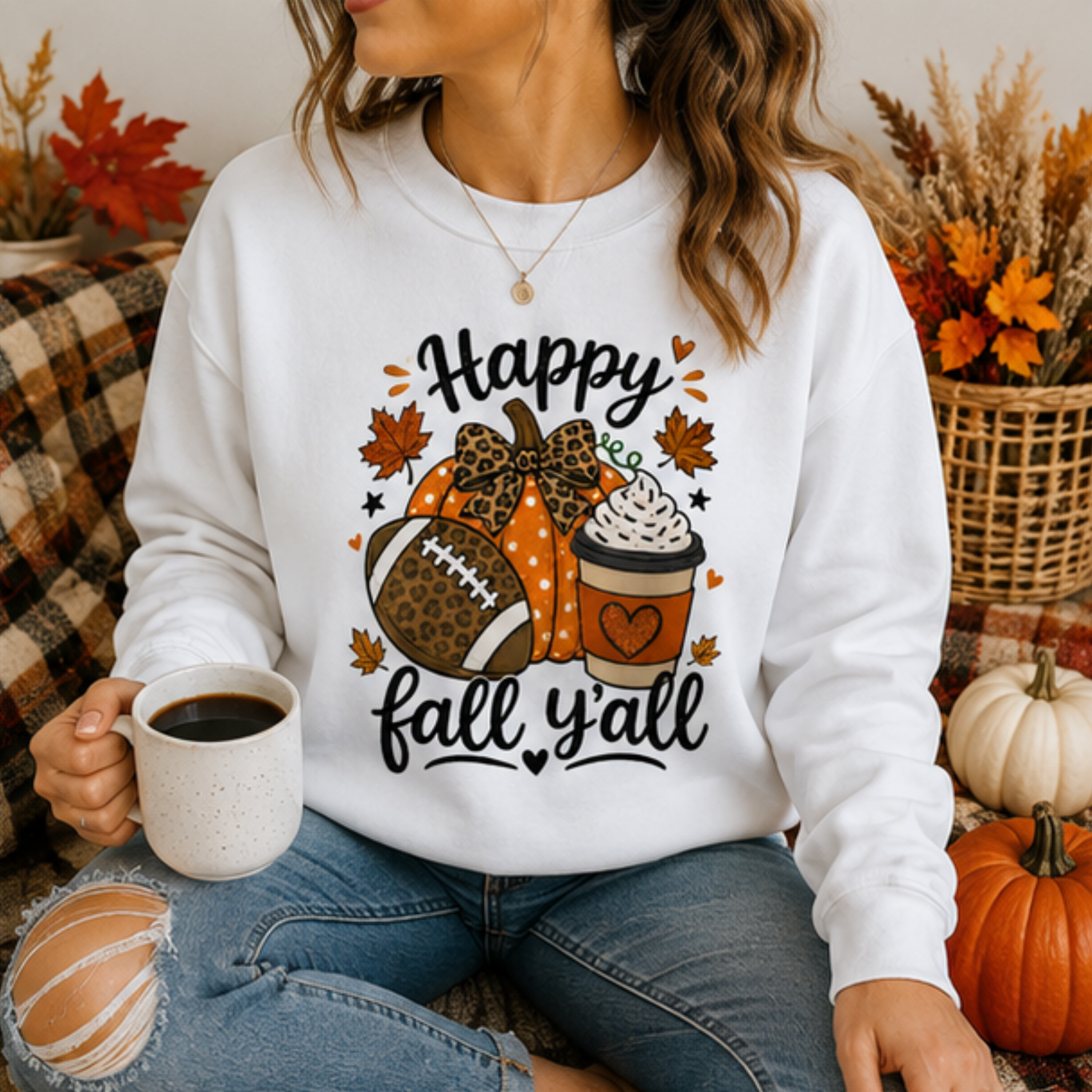 Happy Fall Y'all Football Pumpkin Crewneck Sweatshirt | Cozy Women's Autumn Sweatshirt