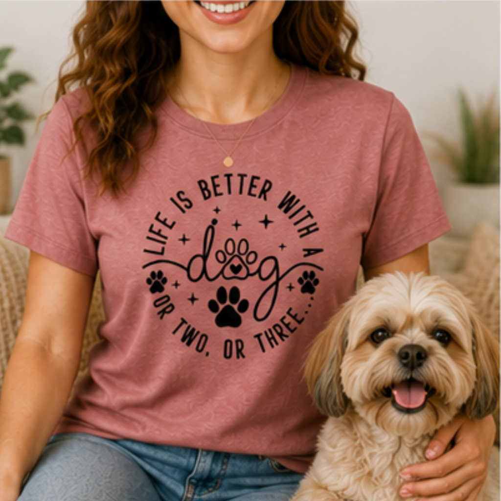 Life Is Better With a Dog Women's Graphic T-Shirt | Funny Dog Mom Shirt | Cute Dog Lover Tee | Puppy Lover Gift