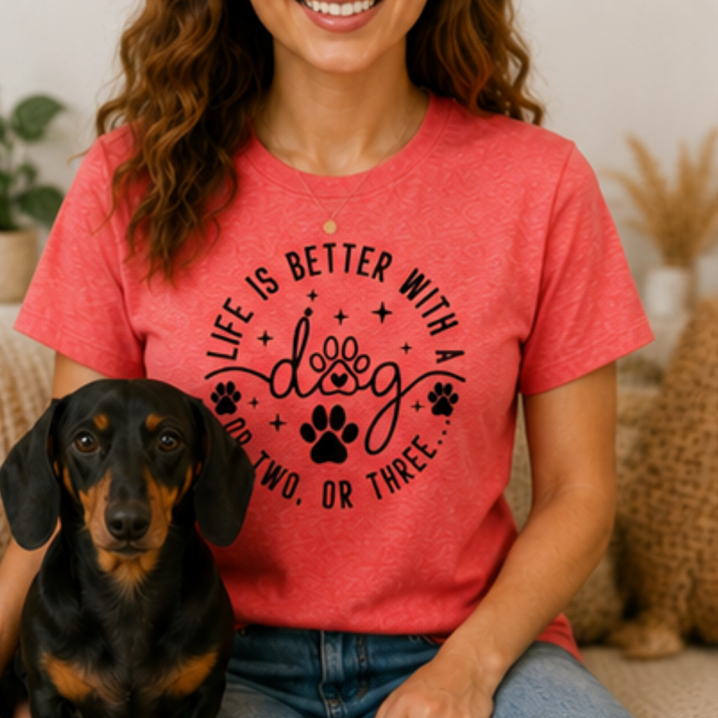 Life Is Better With a Dog Women's Graphic T-Shirt | Funny Dog Mom Shirt | Cute Dog Lover Tee | Puppy Lover Gift