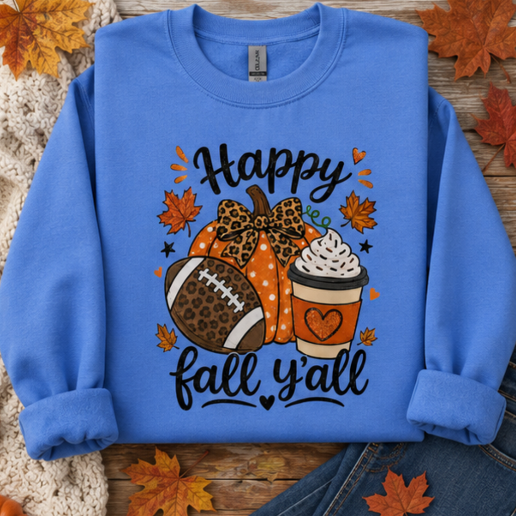 Happy Fall Y'all Football Pumpkin Crewneck Sweatshirt | Cozy Women's Autumn Sweatshirt