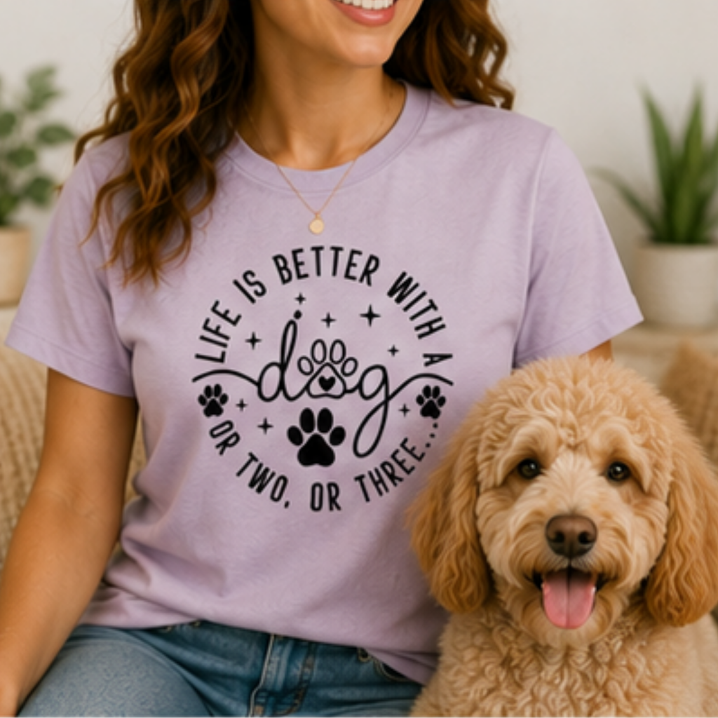 Life Is Better With a Dog Women's Graphic T-Shirt | Funny Dog Mom Shirt | Cute Dog Lover Tee | Puppy Lover Gift