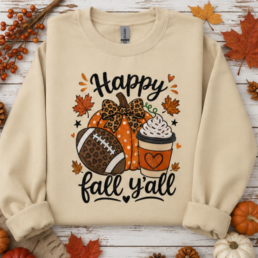 Happy Fall Y'all Football Pumpkin Crewneck Sweatshirt | Cozy Women's Autumn Sweatshirt