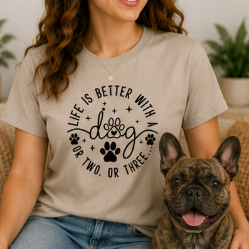 Life Is Better With a Dog Women's Graphic T-Shirt | Funny Dog Mom Shirt | Cute Dog Lover Tee | Puppy Lover Gift