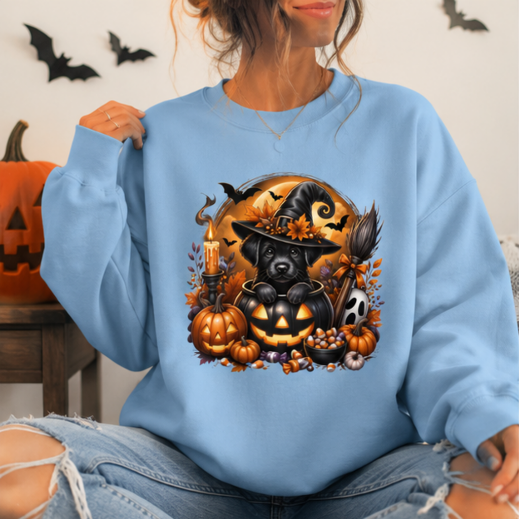 Cute Halloween Black Puppy Witch Sweatshirt | Cozy Fall Dog Lover Crewneck