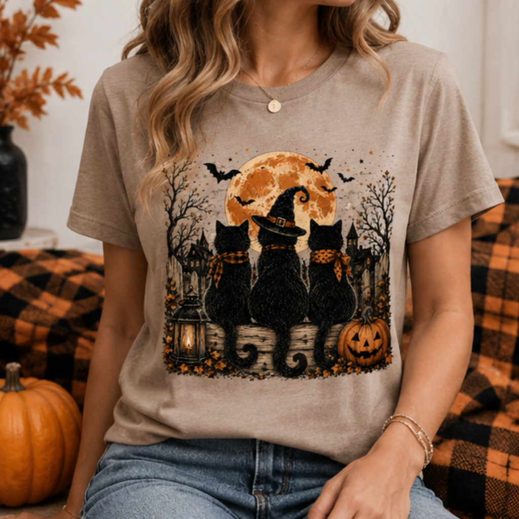 Women's Black Cat Halloween T-Shirt | Spooky Moon & Pumpkin Graphic Fall Tee