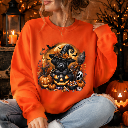 Cute Halloween Black Puppy Witch Sweatshirt | Cozy Fall Dog Lover Crewneck