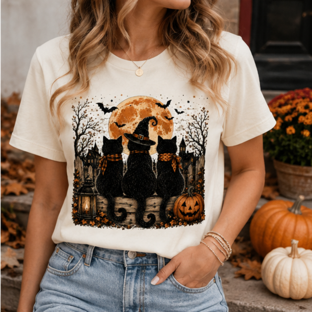 Women's Black Cat Halloween T-Shirt | Spooky Moon & Pumpkin Graphic Fall Tee