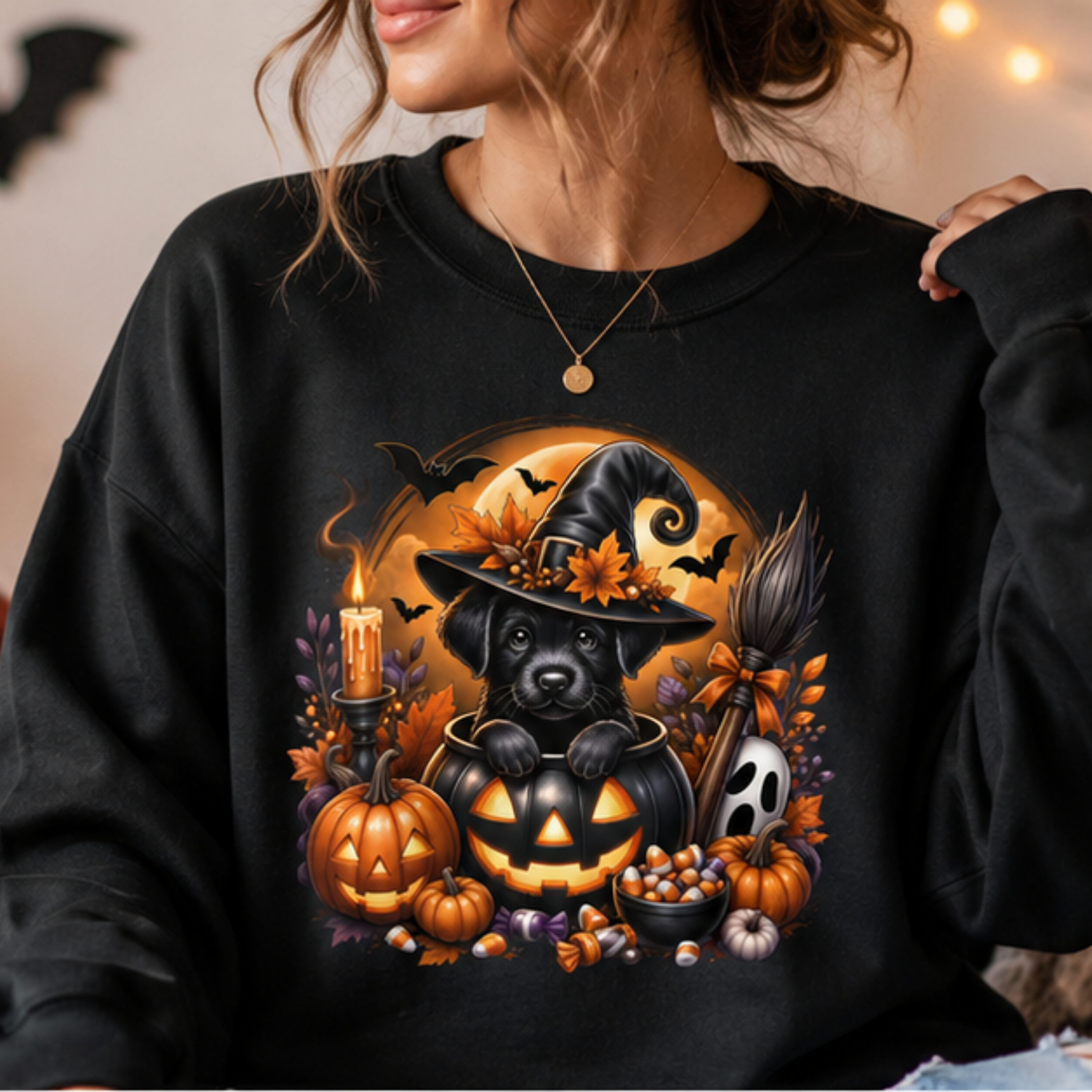 Cute Halloween Black Puppy Witch Sweatshirt | Cozy Fall Dog Lover Crewneck