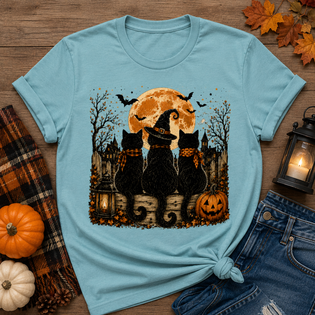 Women's Black Cat Halloween T-Shirt | Spooky Moon & Pumpkin Graphic Fall Tee