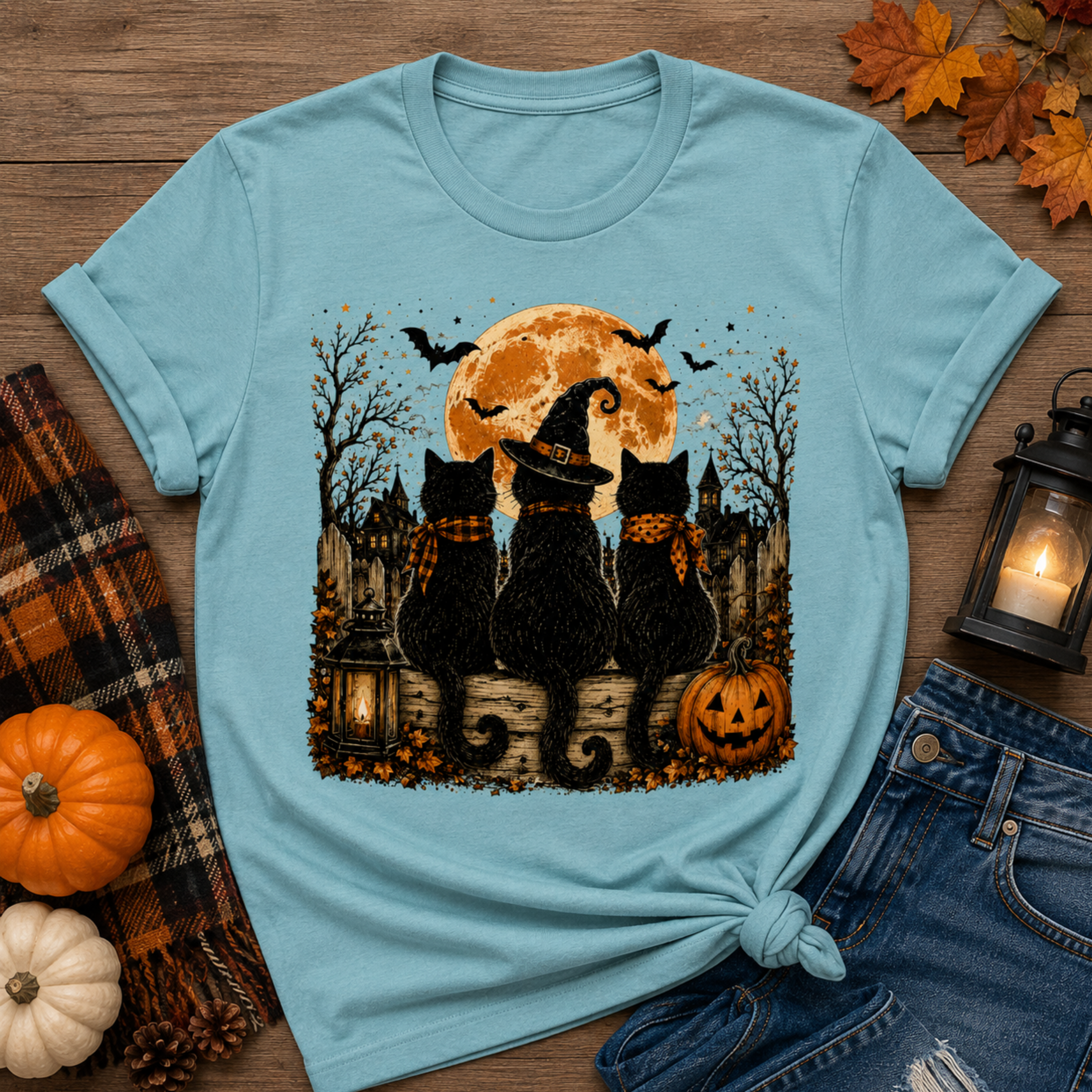 Women's Black Cat Halloween T-Shirt | Spooky Moon & Pumpkin Graphic Fall Tee