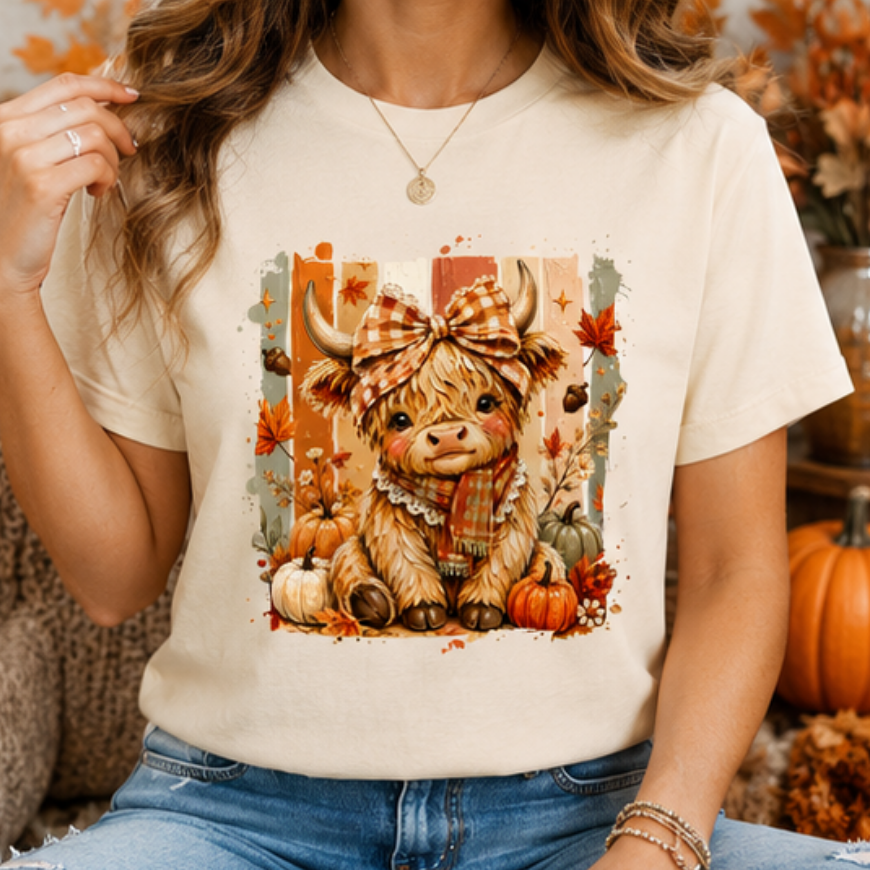 Cute Highland Cow Fall Women's Graphic T-Shirt | Pumpkin Season Autumn Tee