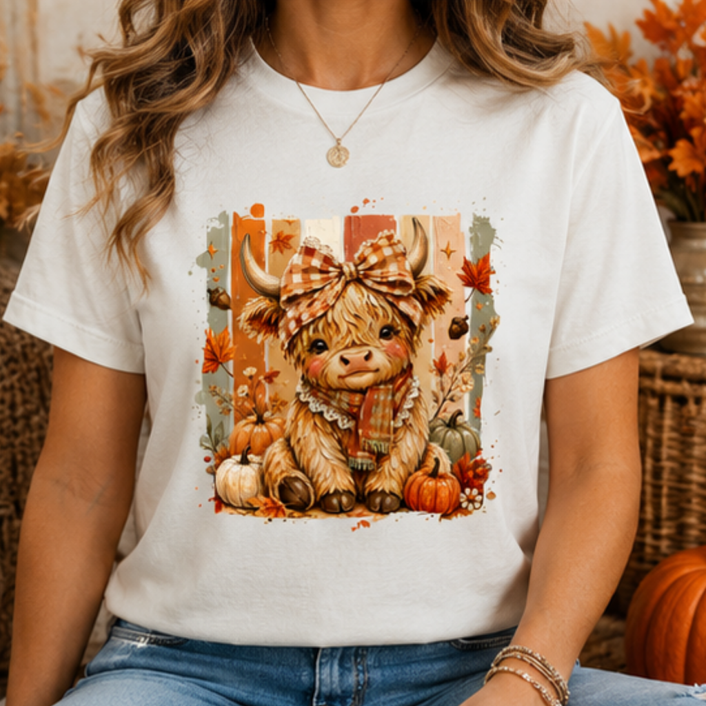 Cute Highland Cow Fall Women's Graphic T-Shirt | Pumpkin Season Autumn Tee