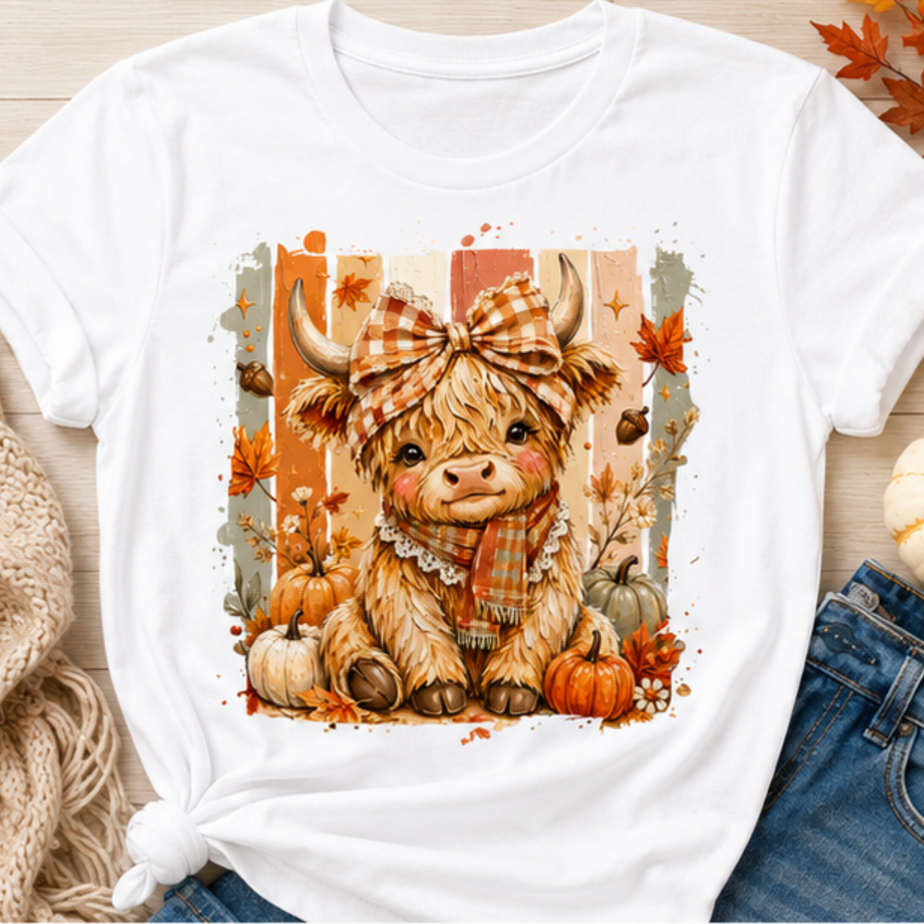 Cute Highland Cow Fall Women's Graphic T-Shirt | Pumpkin Season Autumn Tee