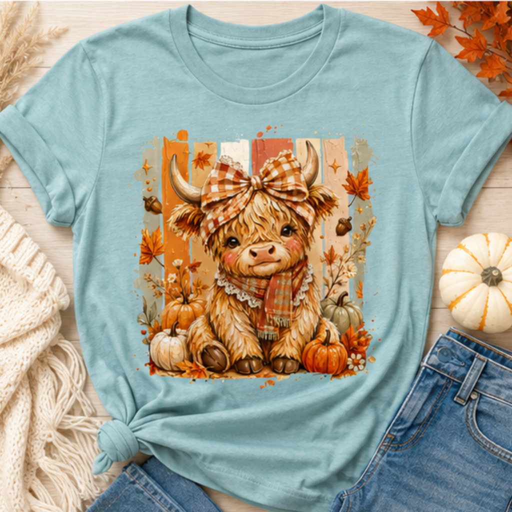 Cute Highland Cow Fall Women's Graphic T-Shirt | Pumpkin Season Autumn Tee
