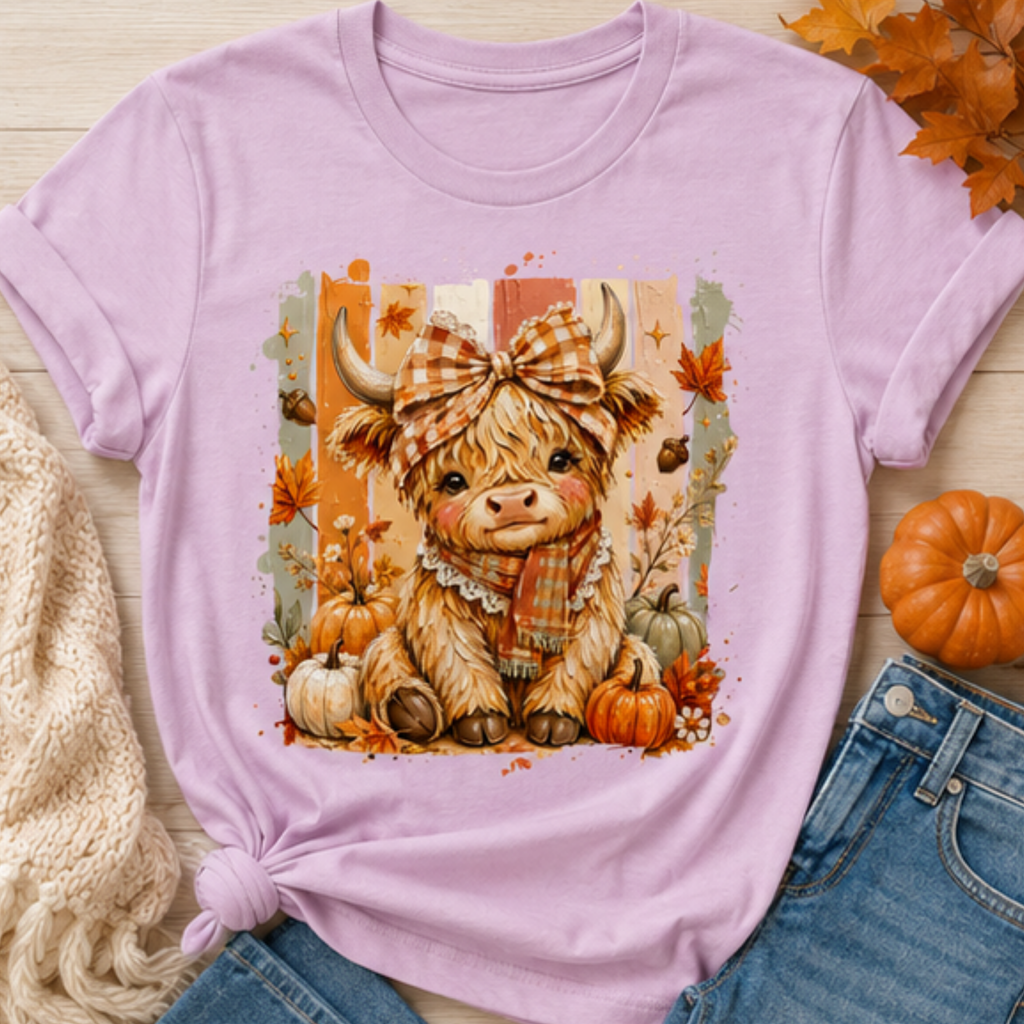 Cute Highland Cow Fall Women's Graphic T-Shirt | Pumpkin Season Autumn Tee