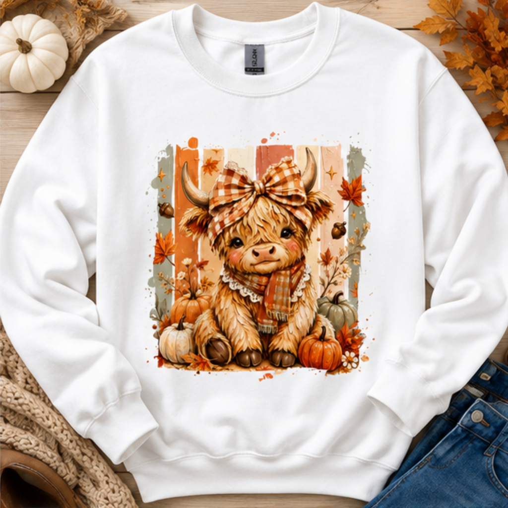 Cute Highland Cow Fall Crewneck Sweatshirt | Cozy Women's Autumn Graphic Pullover