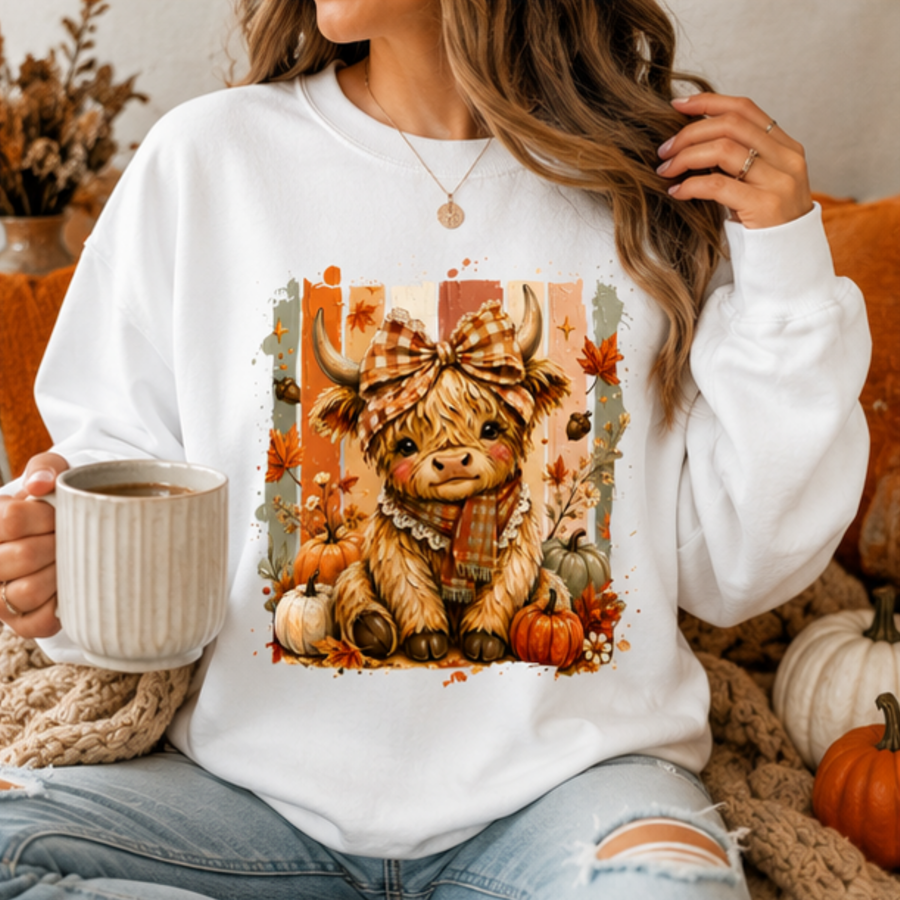 Cute Highland Cow Fall Crewneck Sweatshirt | Cozy Women's Autumn Graphic Pullover