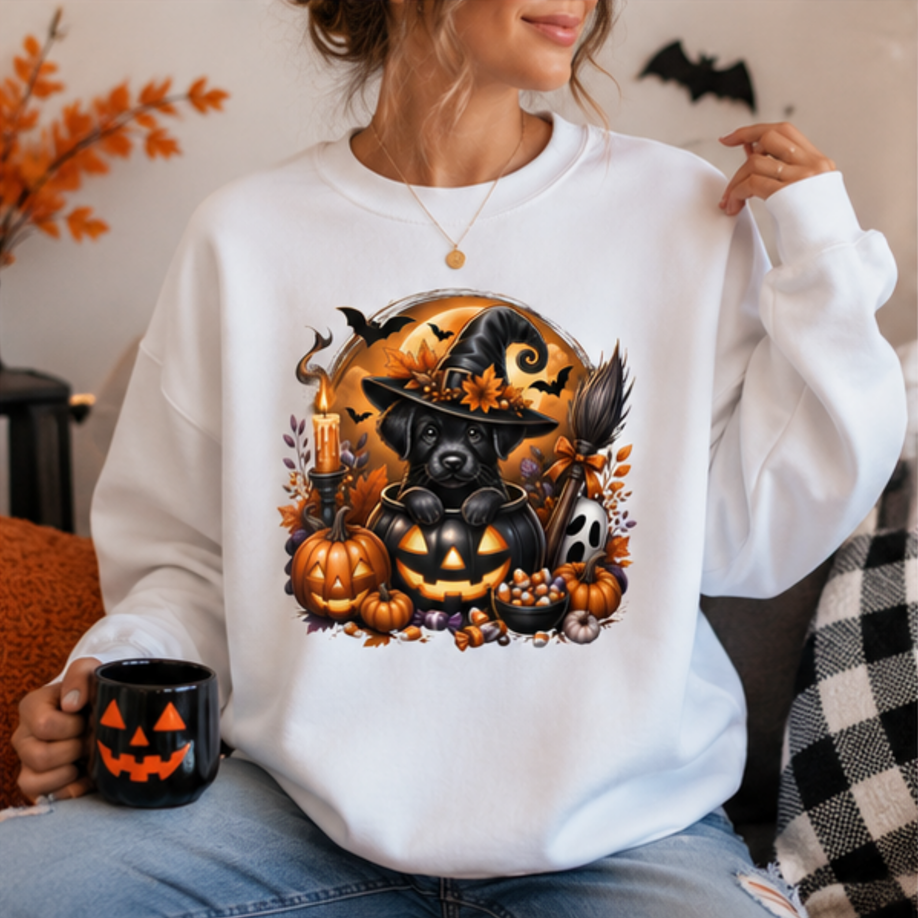 Cute Halloween Black Puppy Witch Sweatshirt | Cozy Fall Dog Lover Crewneck
