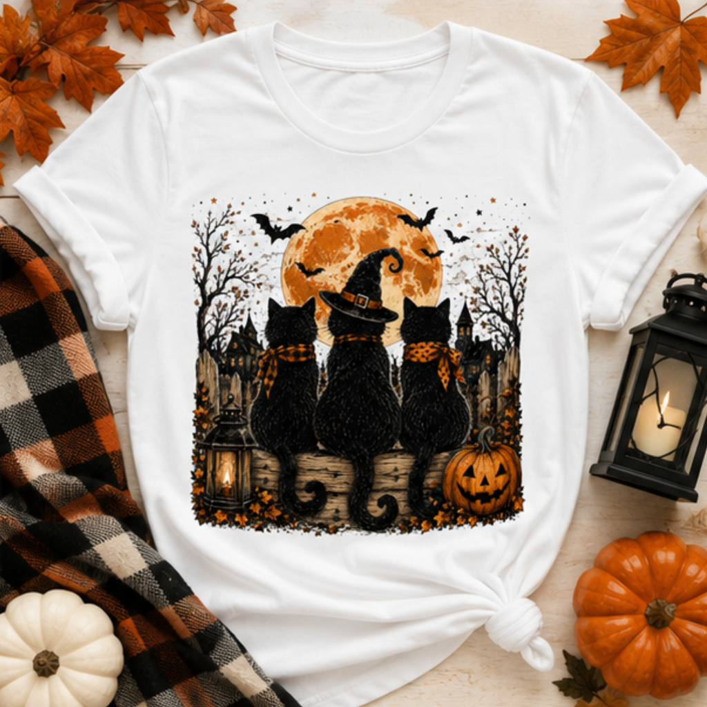 Women's Black Cat Halloween T-Shirt | Spooky Moon & Pumpkin Graphic Fall Tee