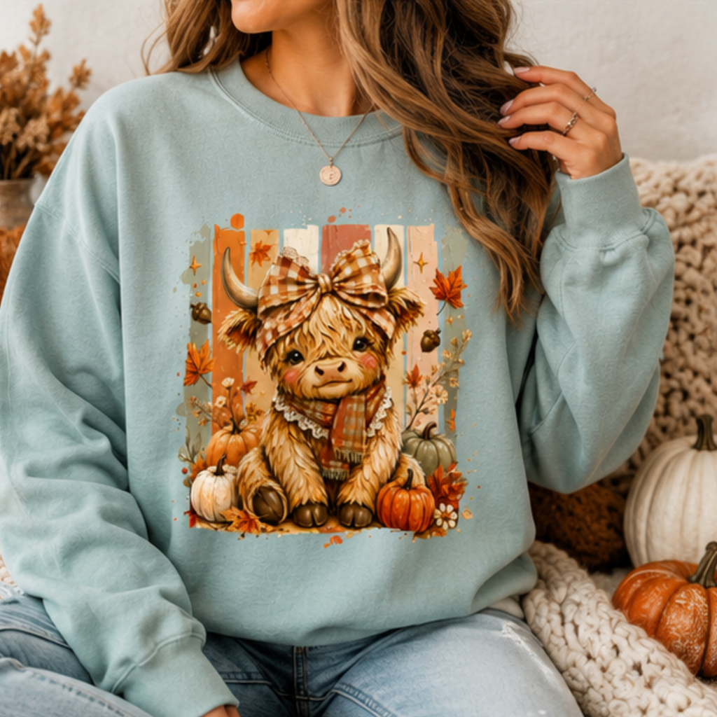 Cute Highland Cow Fall Crewneck Sweatshirt | Cozy Women's Autumn Graphic Pullover