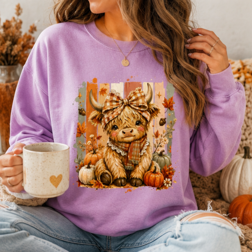 Cute Highland Cow Fall Crewneck Sweatshirt | Cozy Women's Autumn Graphic Pullover