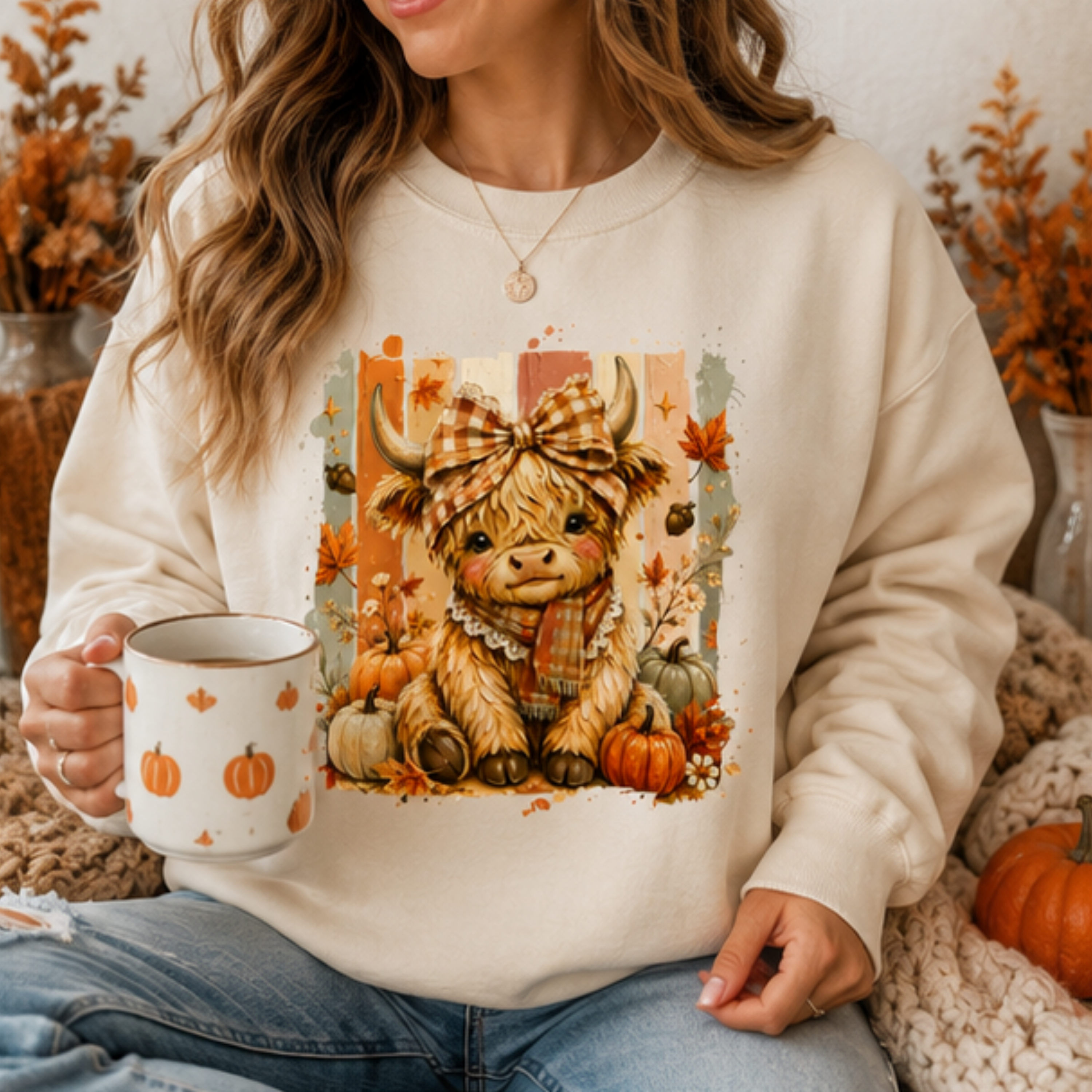 Cute Highland Cow Fall Crewneck Sweatshirt | Cozy Women's Autumn Graphic Pullover
