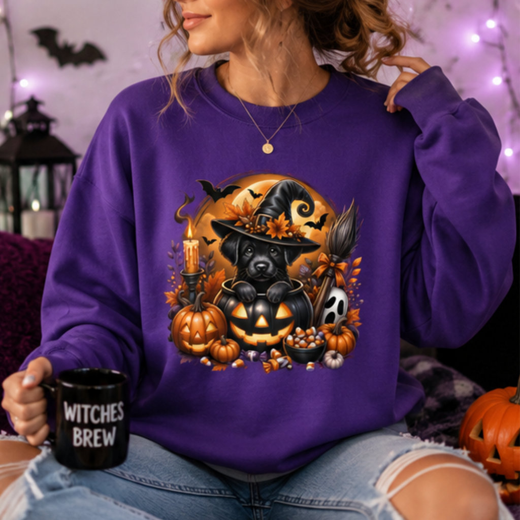 Cute Halloween Black Puppy Witch Sweatshirt | Cozy Fall Dog Lover Crewneck