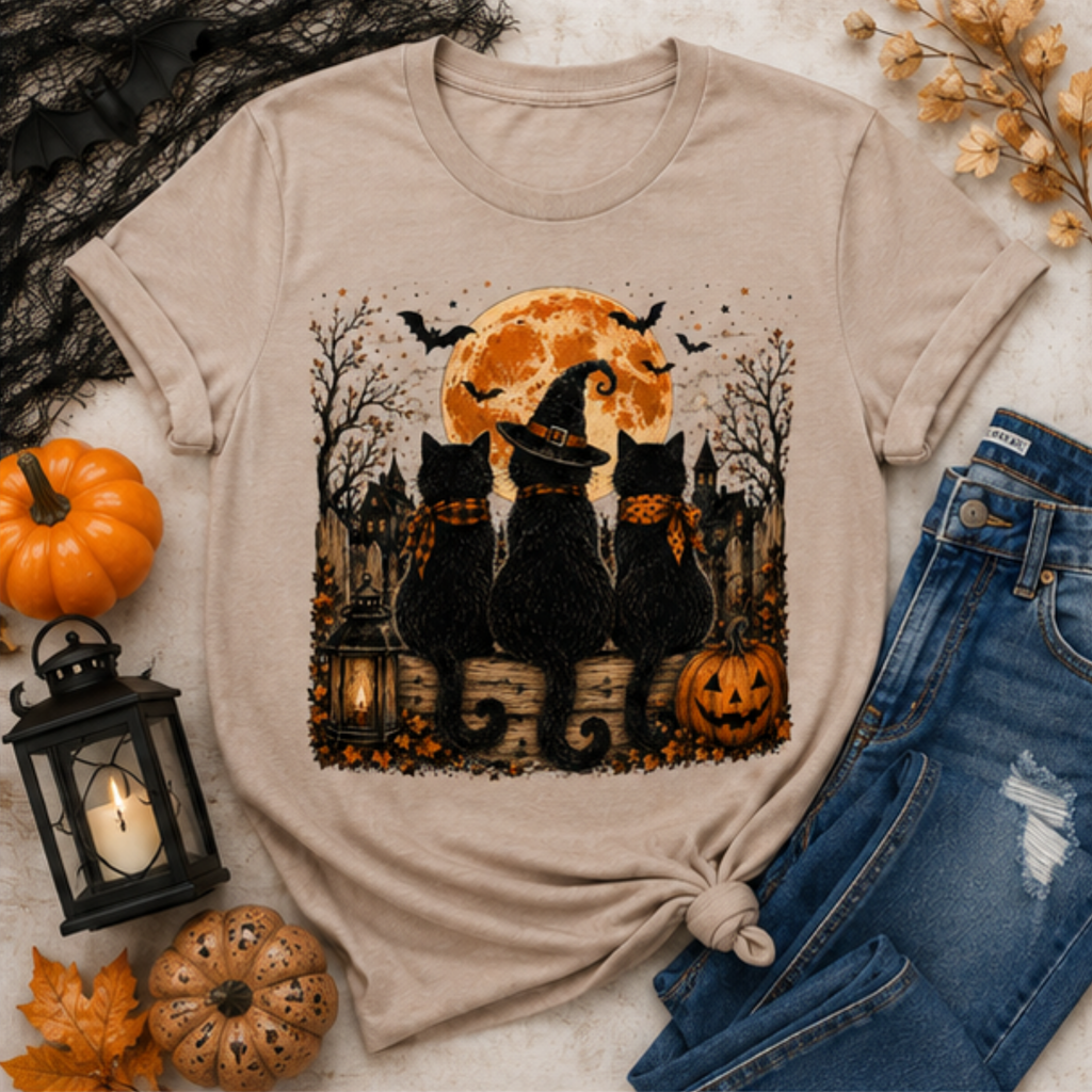 Women's Black Cat Halloween T-Shirt | Spooky Moon & Pumpkin Graphic Fall Tee