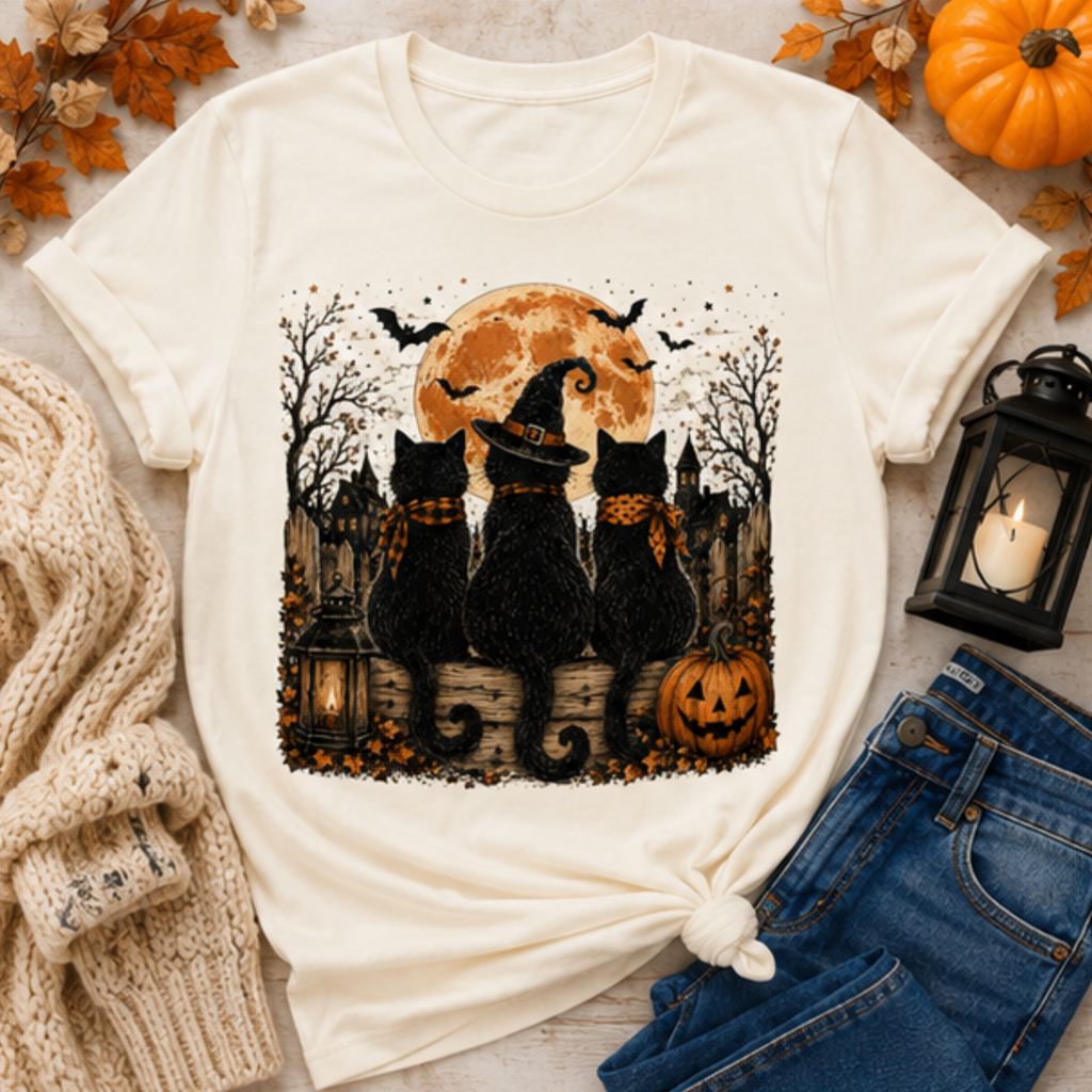 Women's Black Cat Halloween T-Shirt | Spooky Moon & Pumpkin Graphic Fall Tee