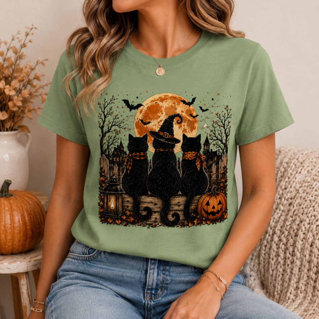 Women's Black Cat Halloween T-Shirt | Spooky Moon & Pumpkin Graphic Fall Tee