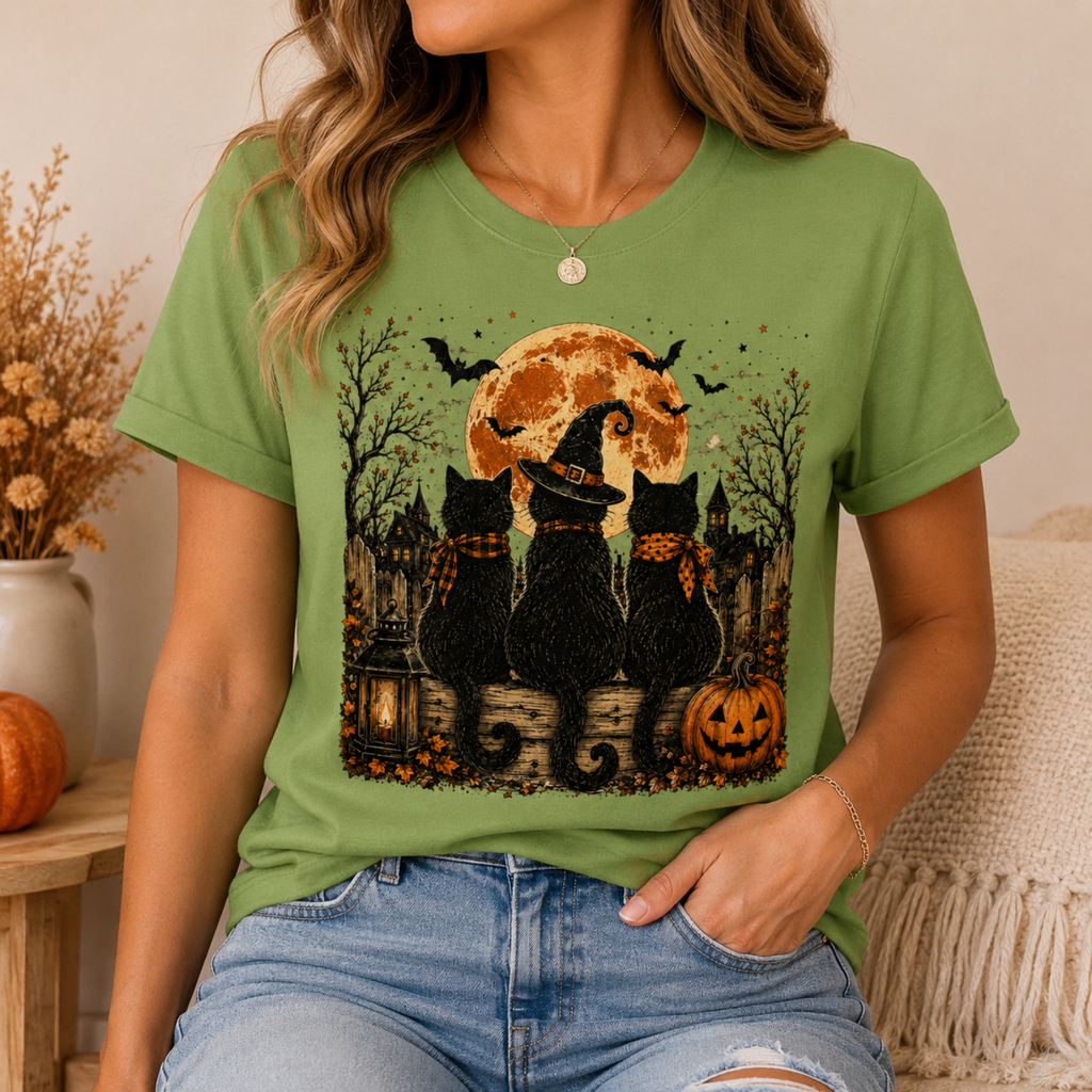 Women's Black Cat Halloween T-Shirt | Spooky Moon & Pumpkin Graphic Fall Tee