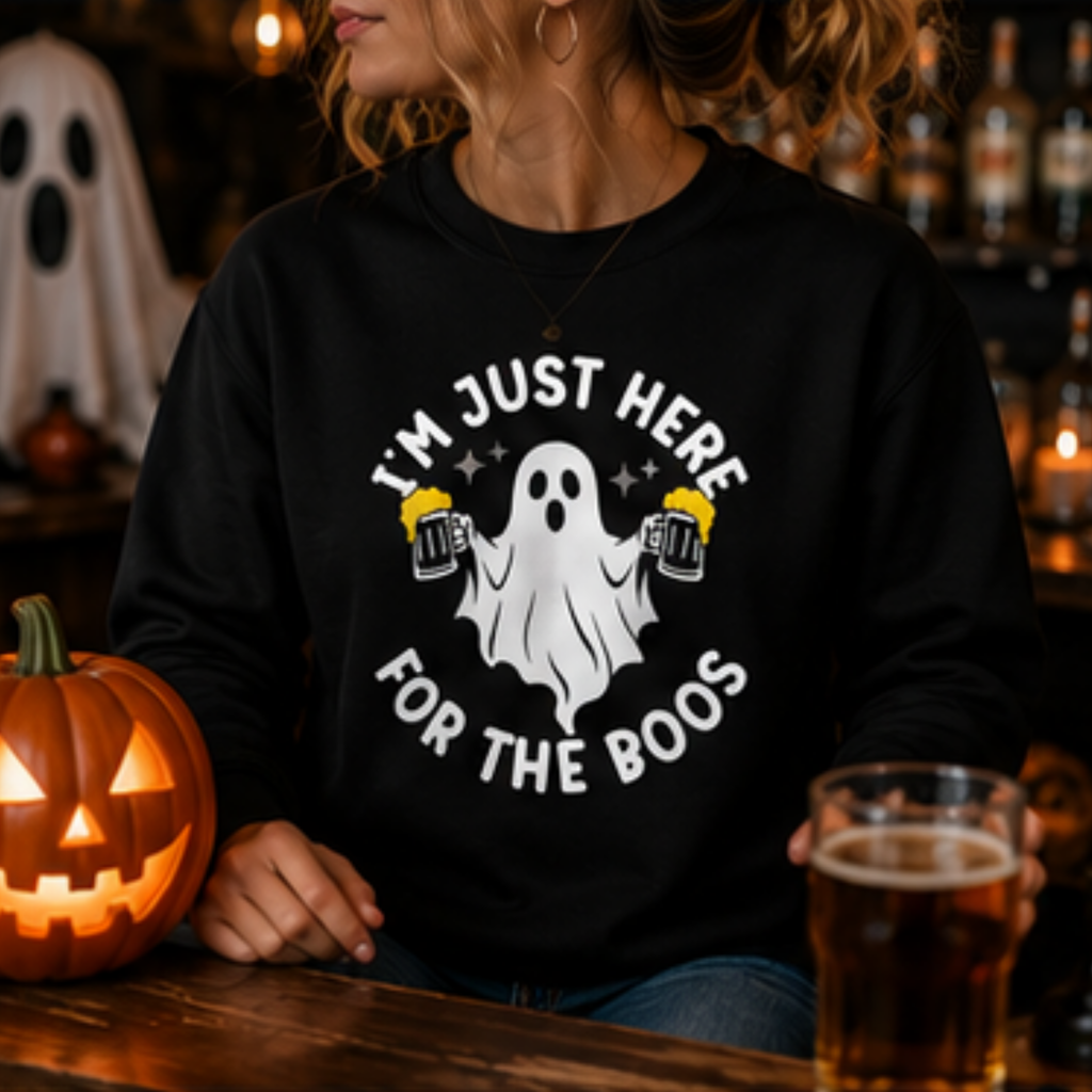I'm Just Here for the Boos Unisex Crewneck Sweatshirt | Funny Halloween Ghost Beer Sweatshirt