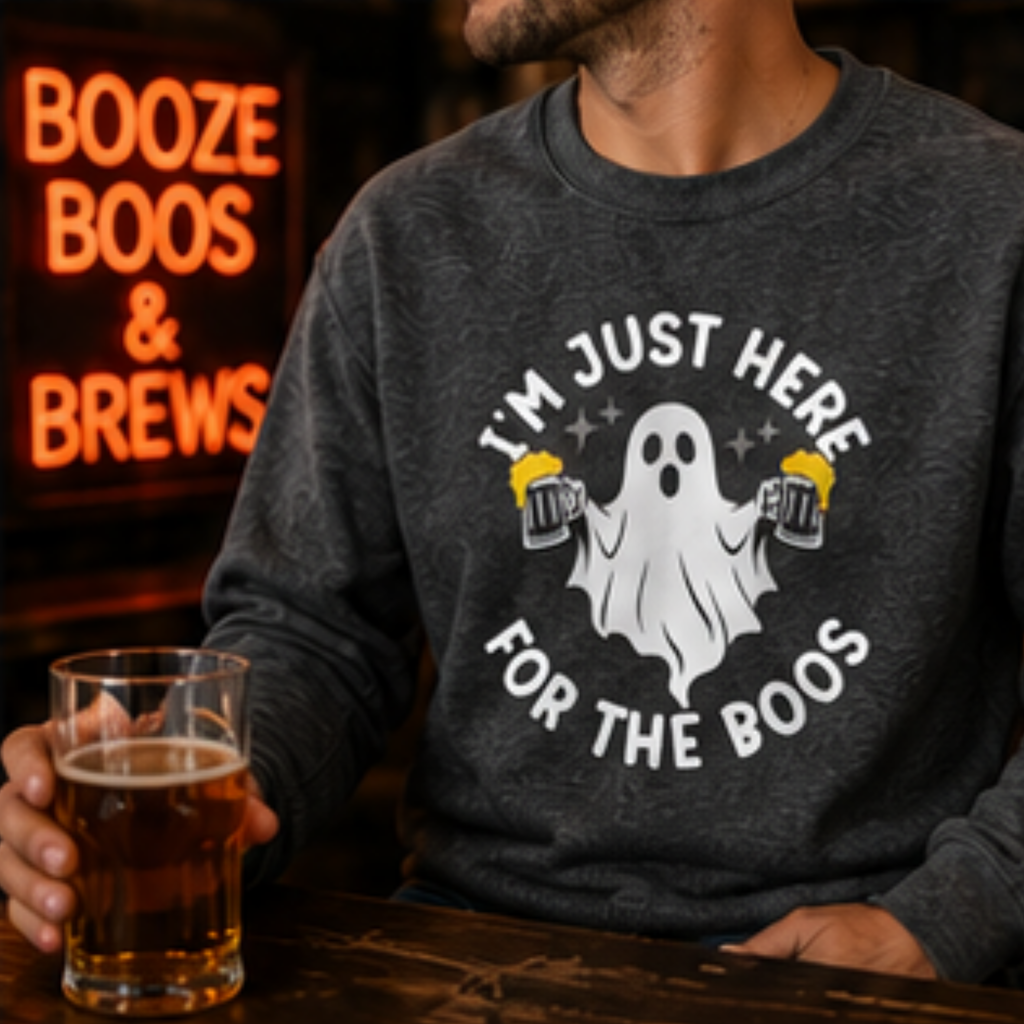 I'm Just Here for the Boos Unisex Crewneck Sweatshirt | Funny Halloween Ghost Beer Sweatshirt